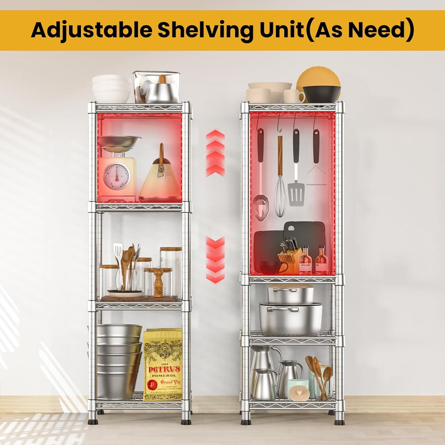 Metal Wire Shelving Unit Storage Shelves 4 Tier Adjustable Shelf Sturdy Steel Rack Standing Units Organizers organize for Laundry Bathroom Kitchen Closet Basement Garage Pantry Narrow Mesh Utility