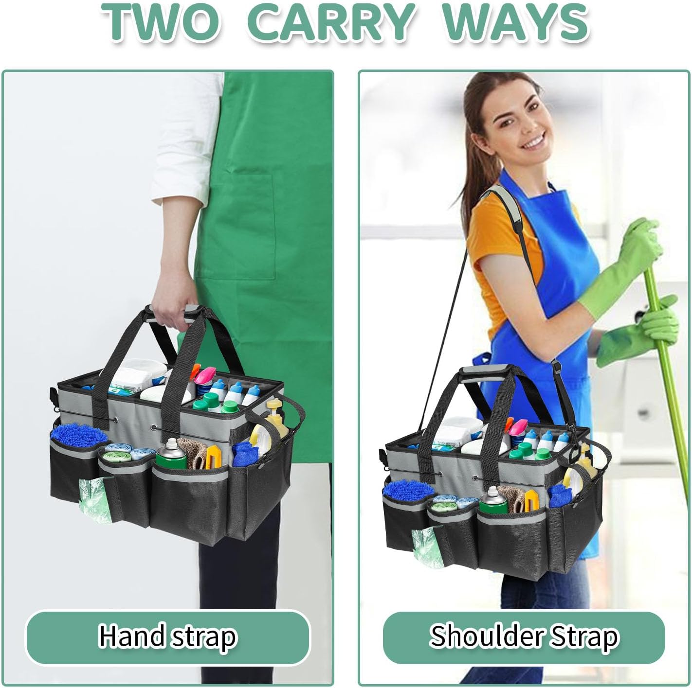 Boczif Cleaning Caddy Bag Wearable, Supplies Organizer With Handle, Shoulder Straps & Detachable Divide, Tool Organizers Tote for Cleaners & Housekeepers (Grey)