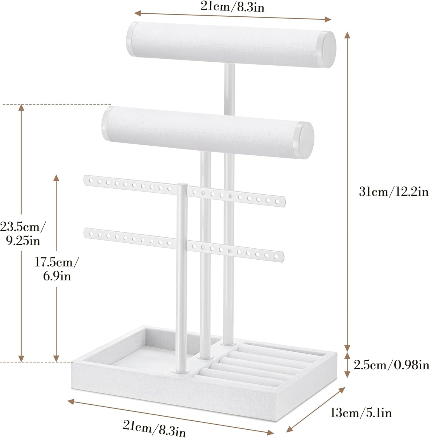 3 Tier Bracelet Holder Display - Detachable T Bar Pure White Velvet Bracelet Holder, Jewelry Holder Organizer for Bracelet, Necklace, Earrings, Rings