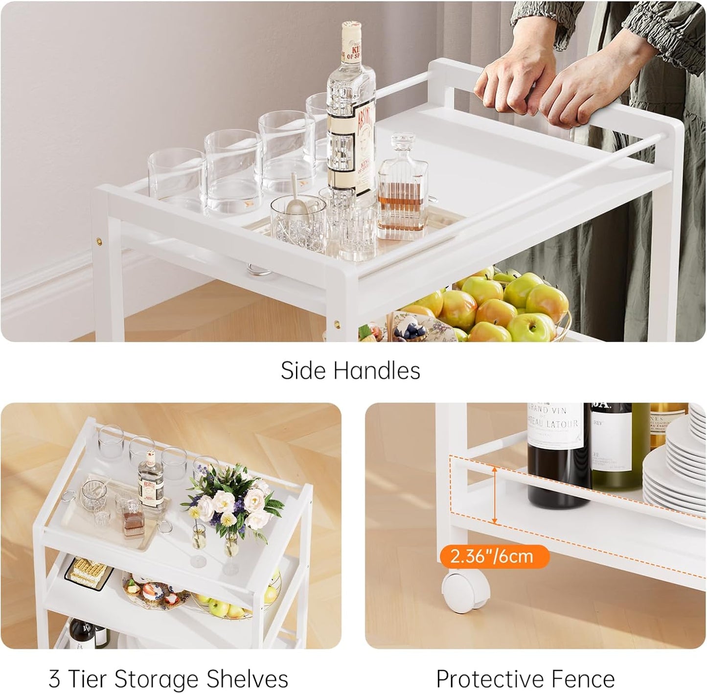 HITNET White Bar Cart, Home Bar Serving Cart, Kitchen Trolley on Wheels with Storage, 3 Tier Rolling Beverage Cart for Living Room Kitchen Home Office