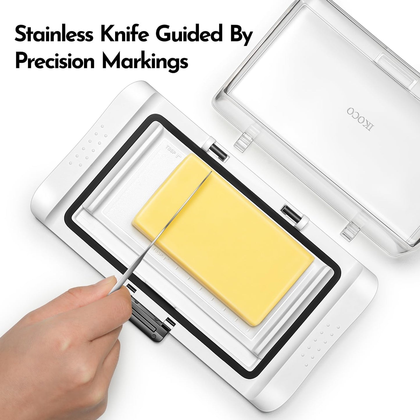 Butter Dish with Lid, IKOCO Large Butter Dish with Knife for Countertop and Refrigerator, Plastic Butter Holder Container Tray for 2 Sticks Butter, White
