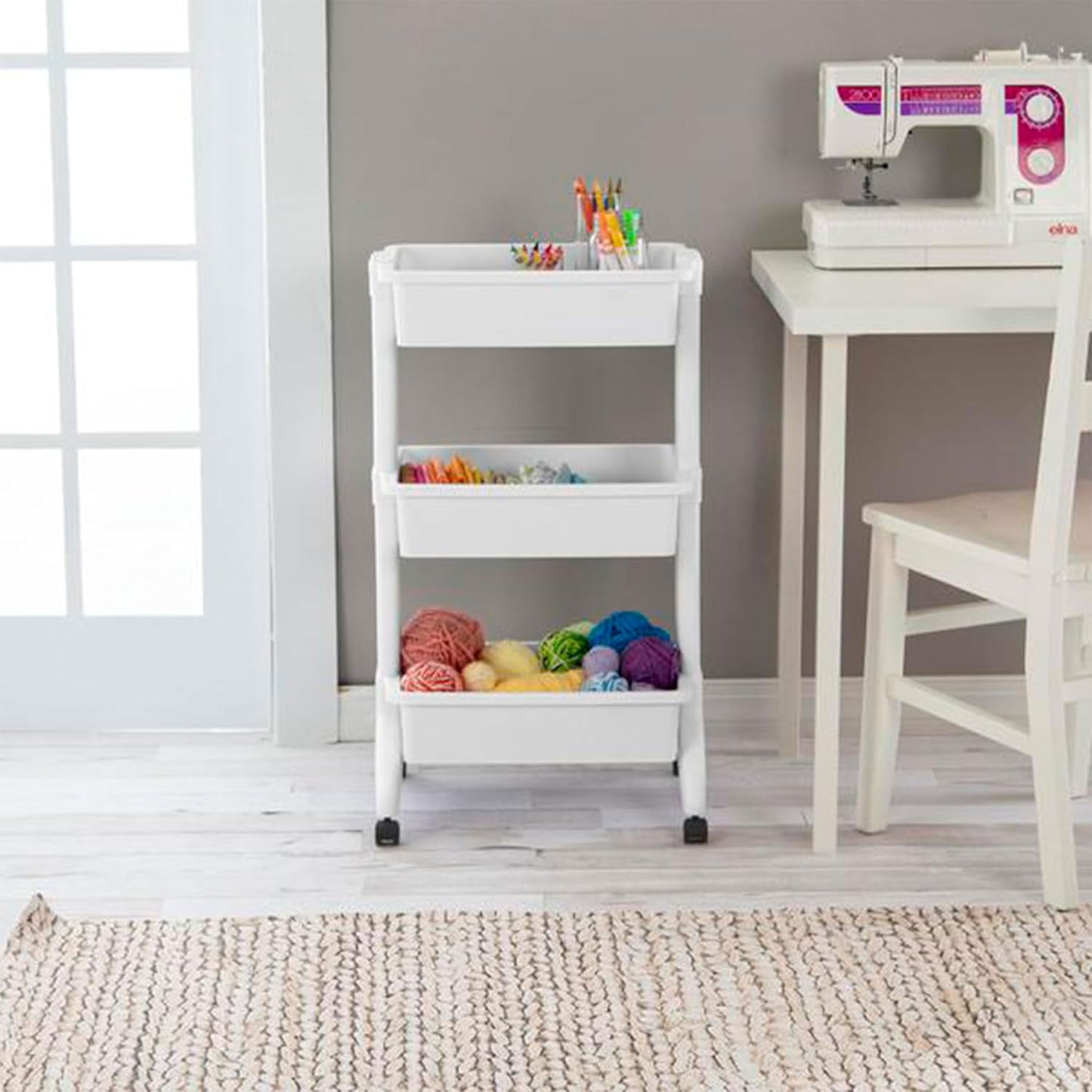 Sterilite 3 Tier Utility Cart Portable Storage Open Bin Organizer with 360 Degree Smooth Rolling Caster Wheels, Supports 10 lb Per Tier, White, 6-Pack