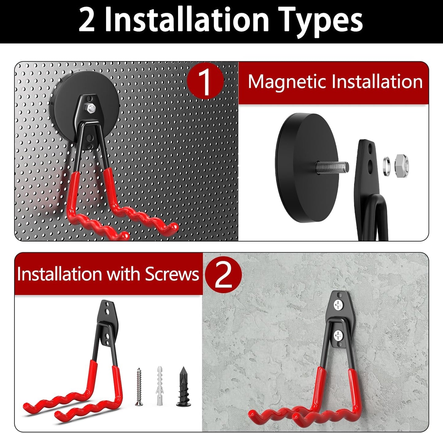 3-H Magnetic Wave Hooks Heavy Duty 2 Pack, Large Magnet Garage Hooks Heavy Duty and Strong Utility Magnetic Tool Holde for Hanging and organizing Garden Power Tool (Red