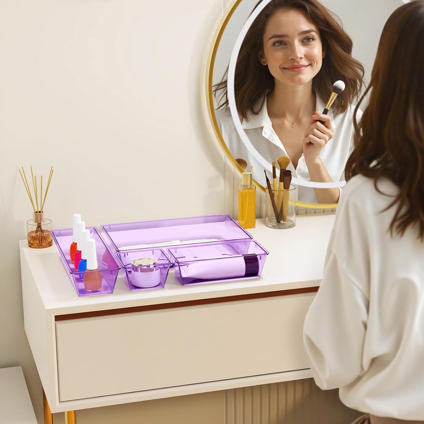 32 PCS Clear Plastic Drawer Organizer Set, 4-Size vanity organizer Trays and Storage Bins for Makeup, Jewelry and Gadgets in Bedroom, Bathroom and Office, Clear Purple