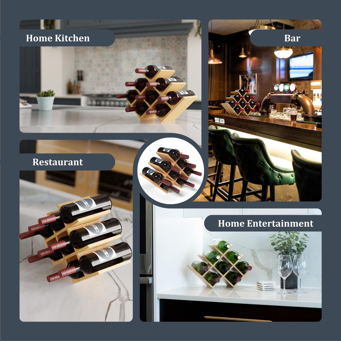 8 Bottle Bamboo Small Wine Rack for Countertop, No Tools Assembly, Modern Lattice Design, Durable, Wine and Liquor Bottle Storage for Small Spaces