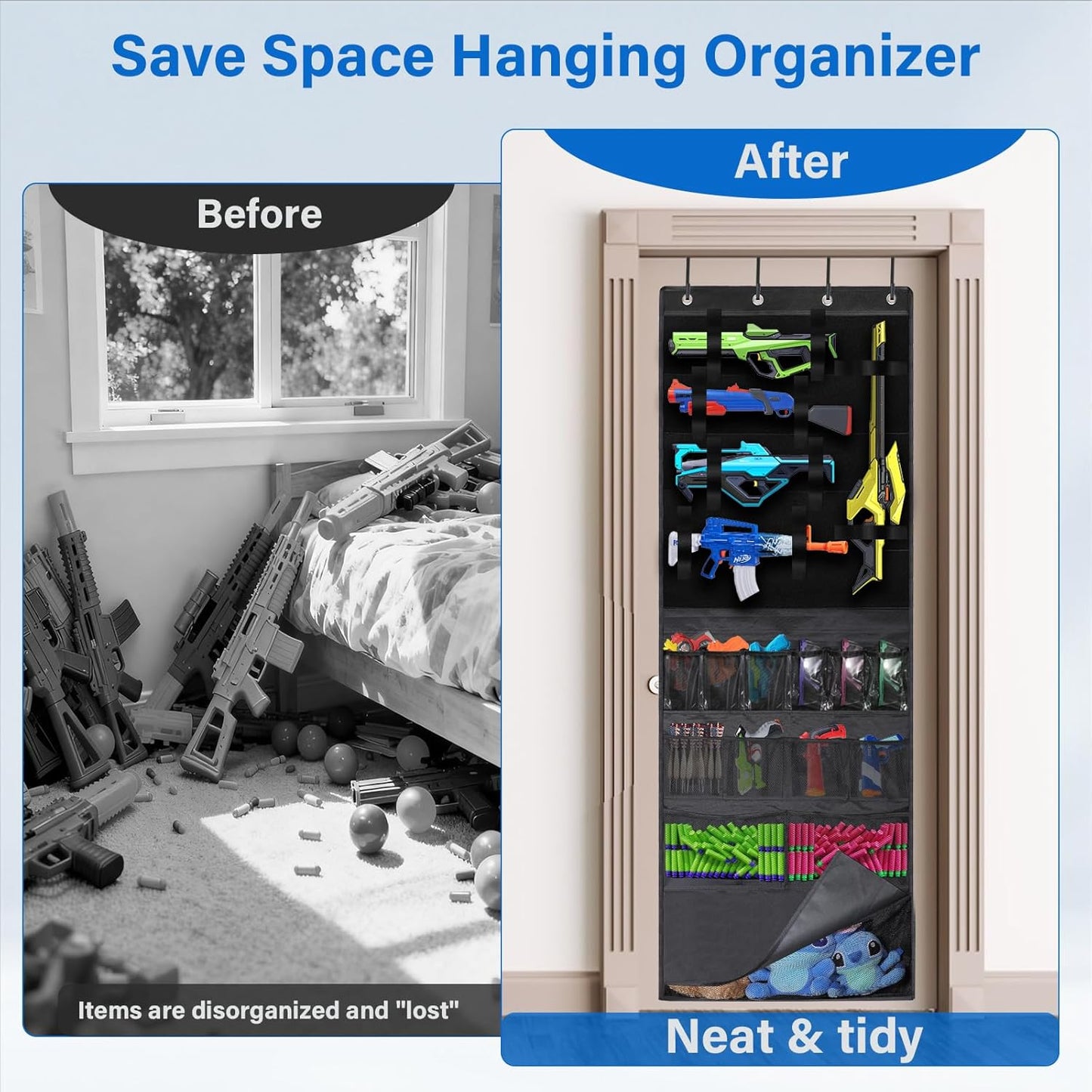 Over the Door Organizer for Toy Guns, Toys Storage Back of Door Hanging Organizer with Large Capacity Pockets and Adjustable Straps, for Kids Foam Blasters, Darts, Goggles and Toys Gun Accessories