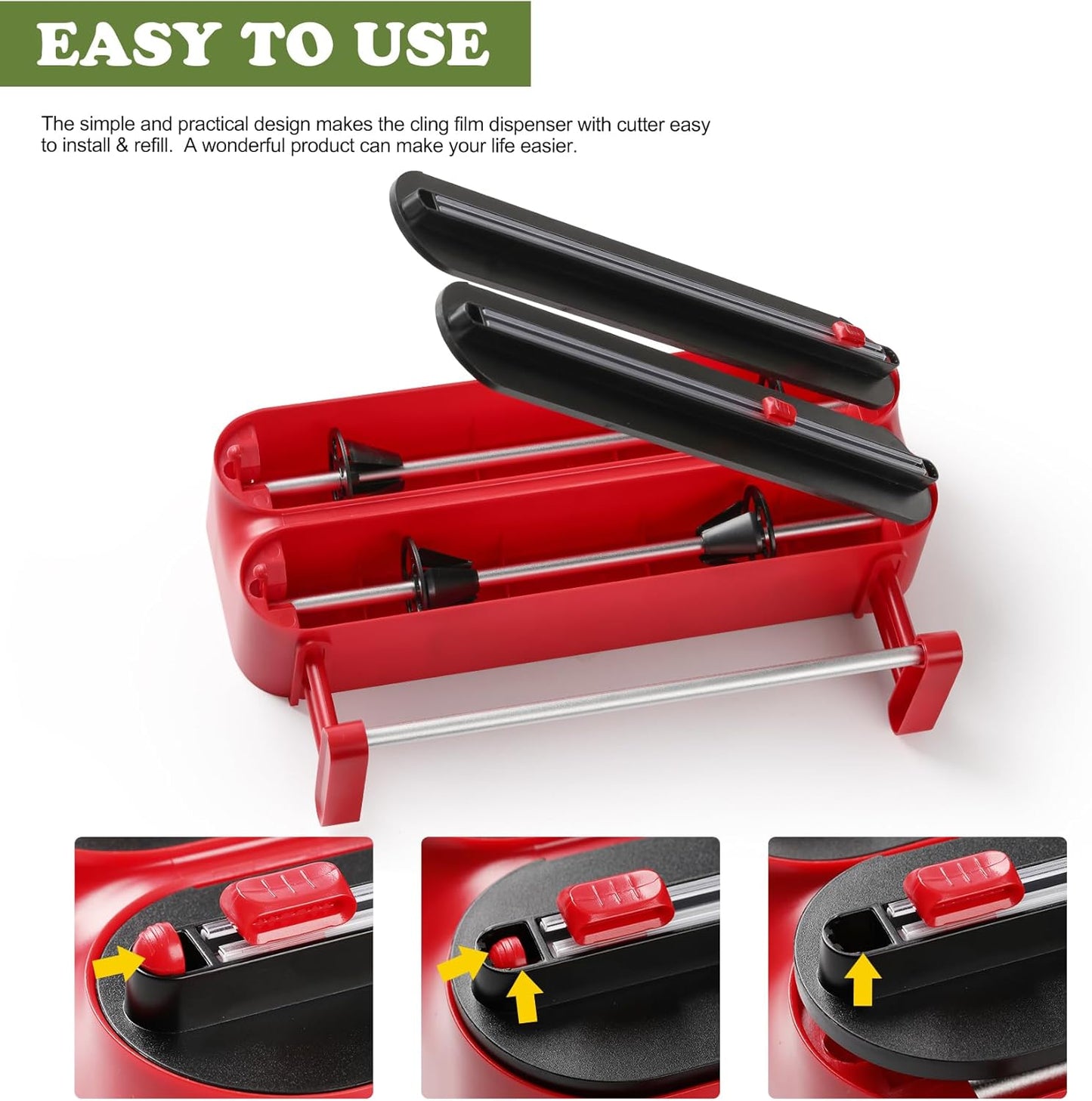 Aluminum Foil & Plastic Wrap Dispenser with Cutter - Magnetic & No-Drill Wall Mount, Cling Film Dispenser with Paper Towel Holder, Space-Saving 3-in-1 Kitchen Organizer - Fits 12" Roll, Red