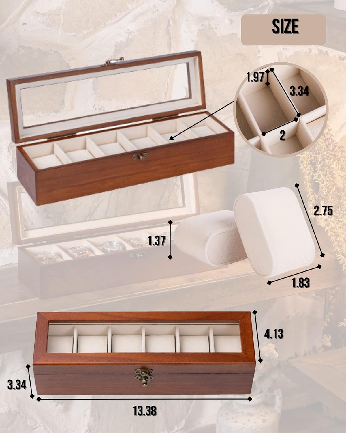 Watch Box, Watch Case for Men Women with Large Glass Lid, Wooden Watch Display Storage Box with 6 - Slots, Classic Walnut Mens Watch Box Organizer