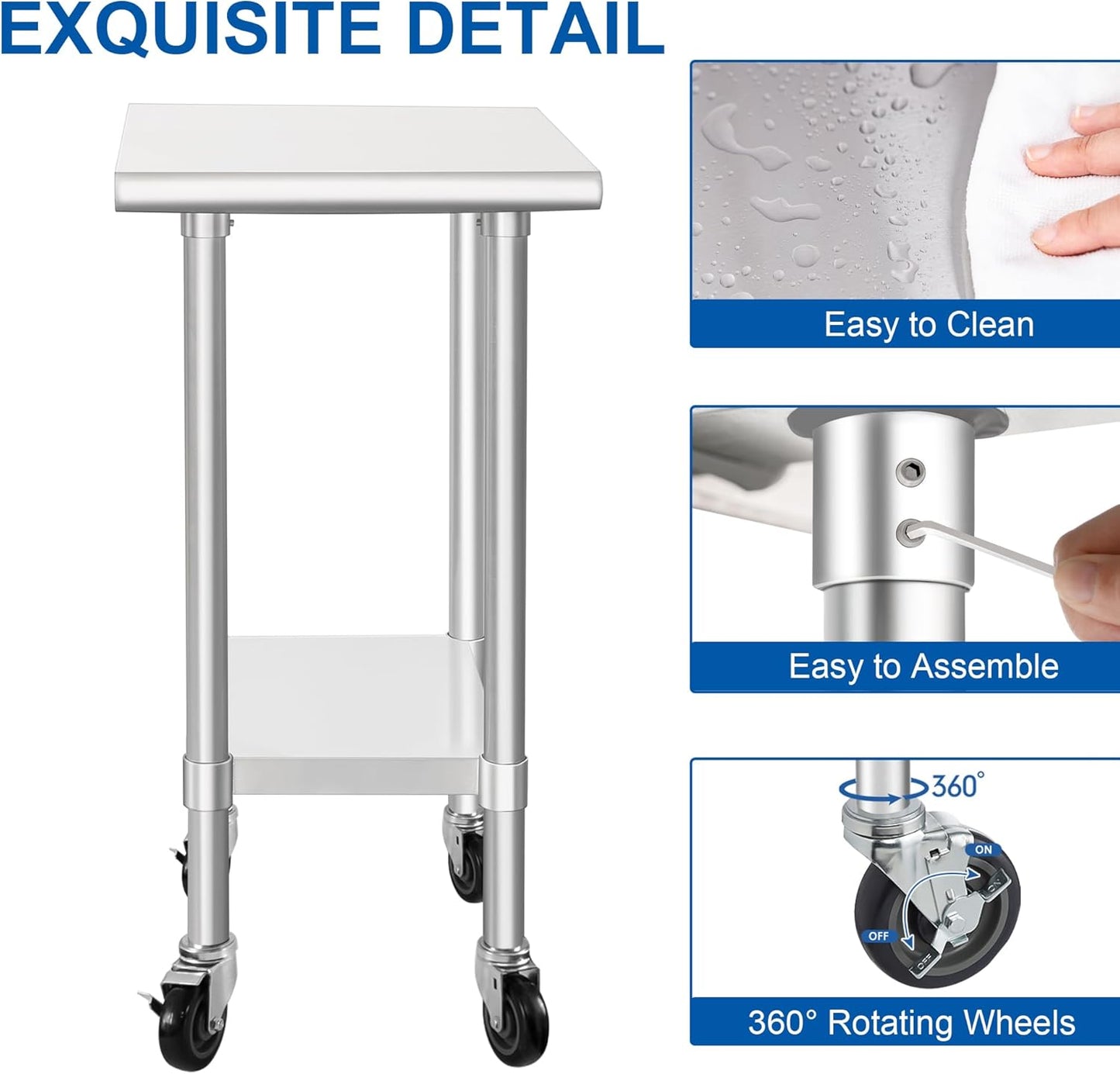 HARDURA Stainless Steel Commercial Table Prep & Work Table with Casters Heavy Duty Metal Table with Wheels NSF 430 24×18 Inches