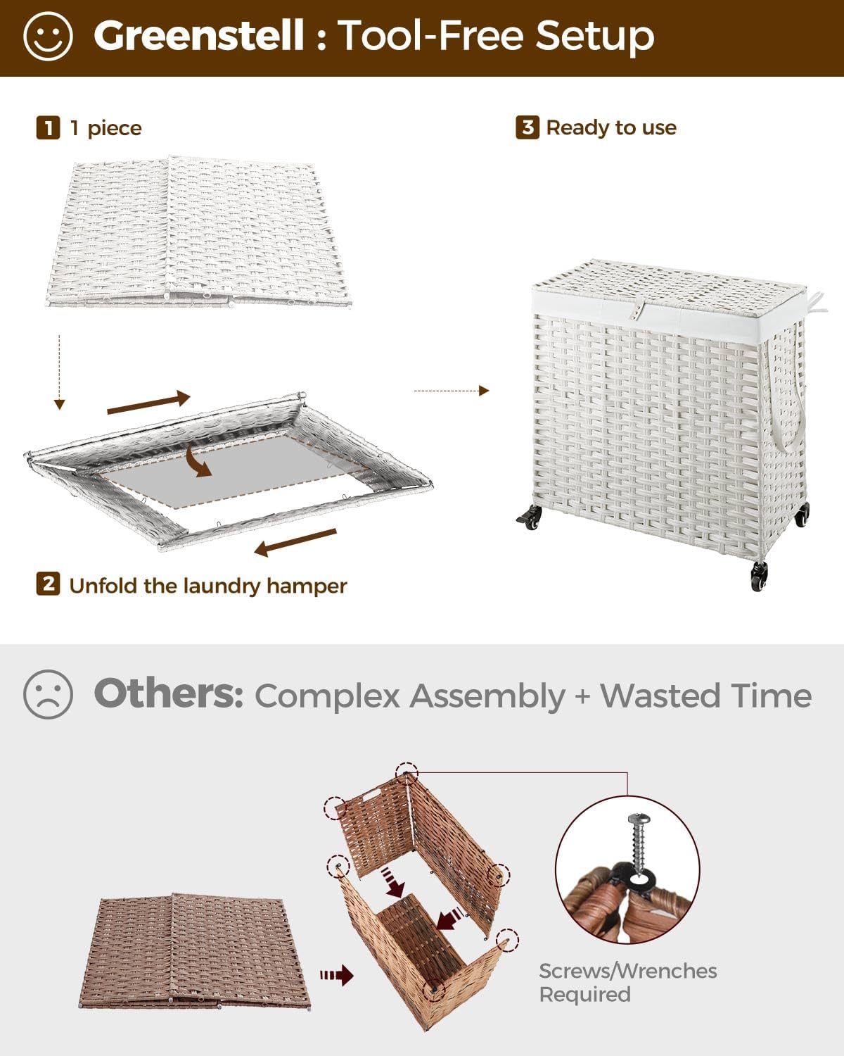 Greenstell Laundry Hamper with Wheels&Lid,130L Large 3 Sections Clothes Hamper with 2 Types Removable Liner Bags, 5 Mesh Laundry Bags, Handwoven Divided Laundry Basket White