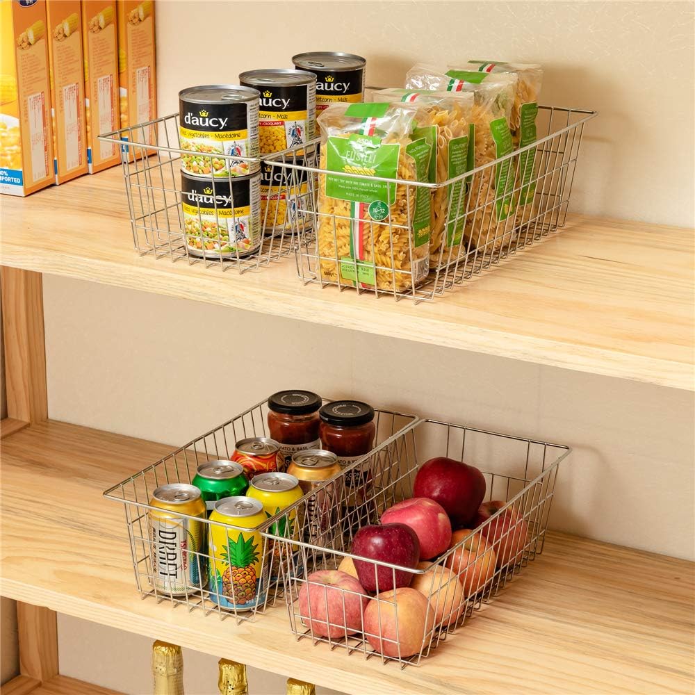 Wire Storage Baskets Freezer Organizing Bins Pantry Food Storage Organizer Metal Basket Wire Grid Design for Cabinets, Pantry, Closets, Freezer, Bedrooms,Kitchen, Set of 2, Chrome