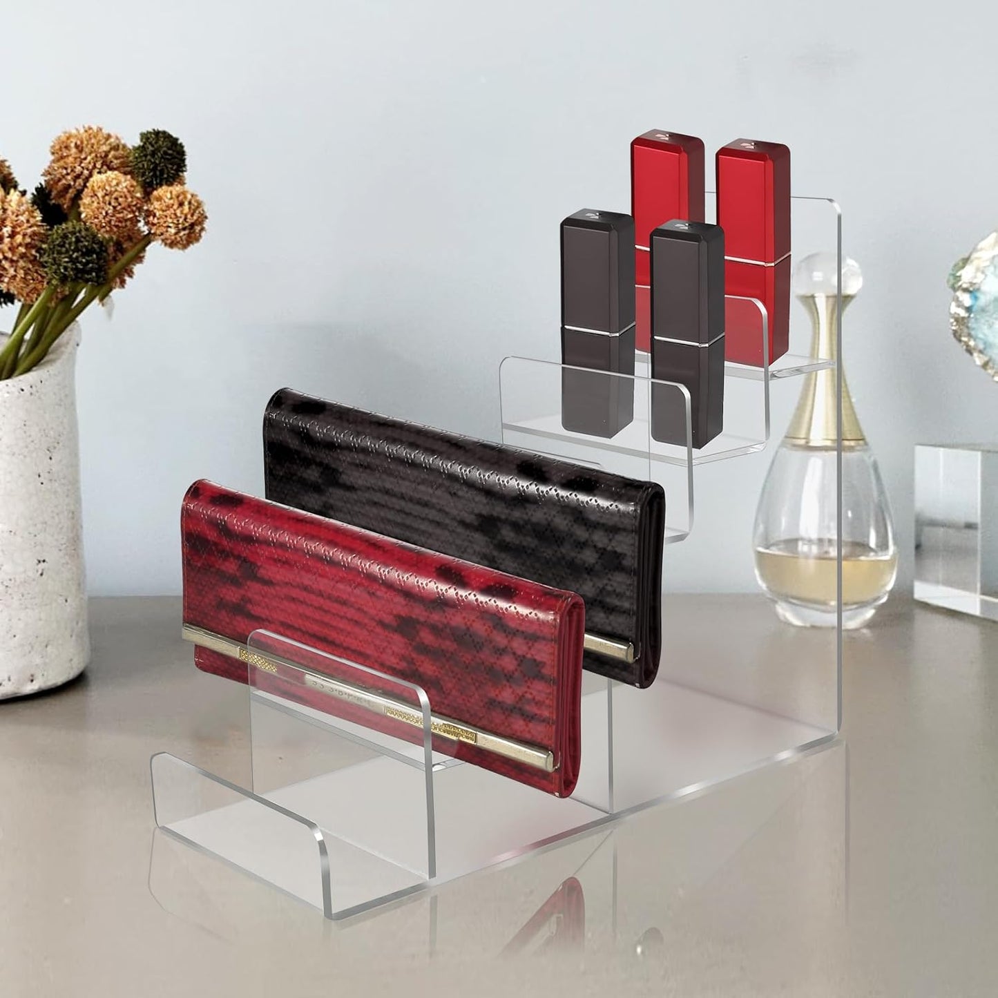 Acrylic Wallet Display Stand Purse Handbag Organizer, Clear Jewelry Riser Display Stand Purse Display Rack, Acrylic Display Shelf for Cosmetic Perfume Jewelry Sunglasses Handbag (6 Tier)