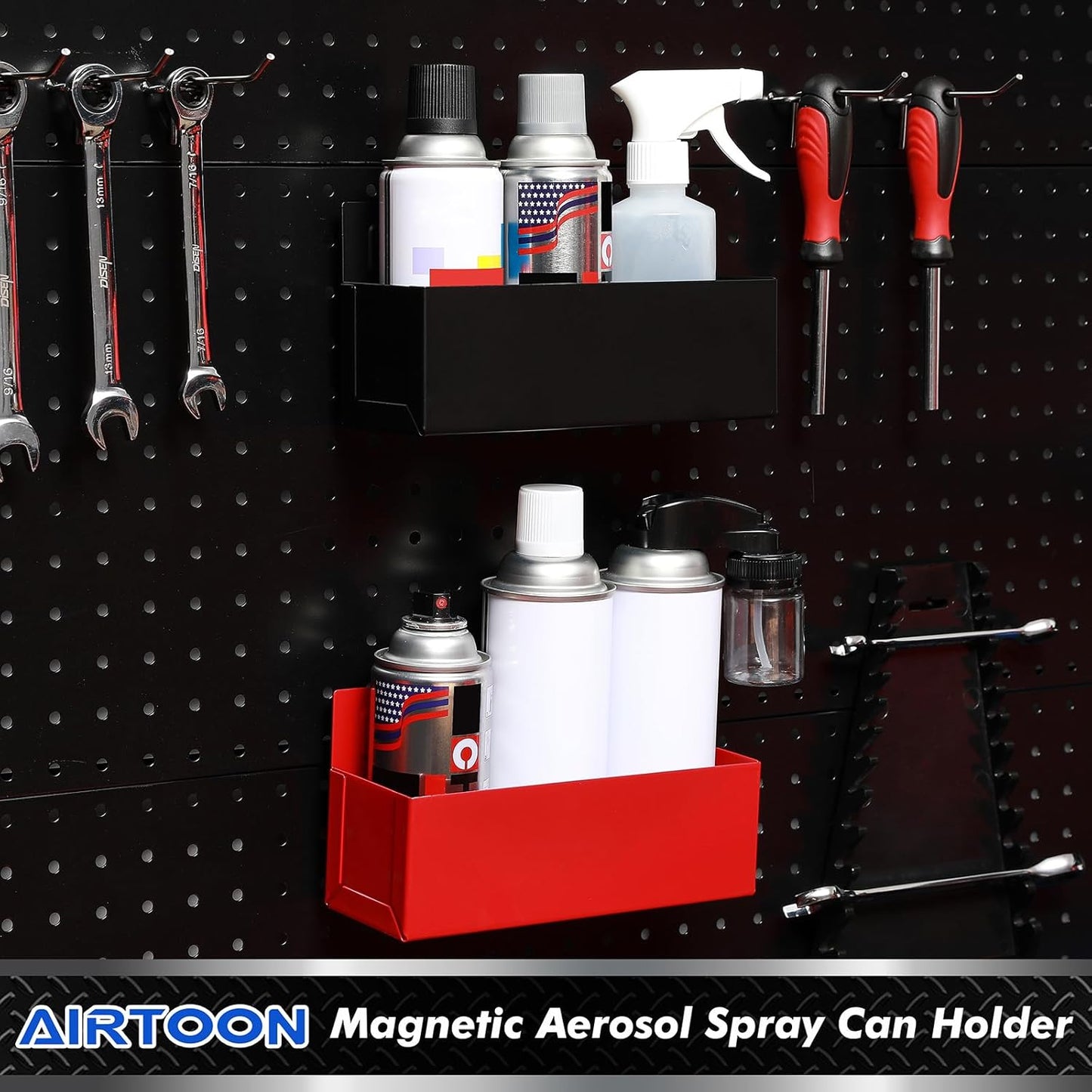 AIRTOON 2PCS Magnetic Aerosol Spray Can Holder, Magnetic Bottle Holder for Garage, Workspace and Home, Red and Black