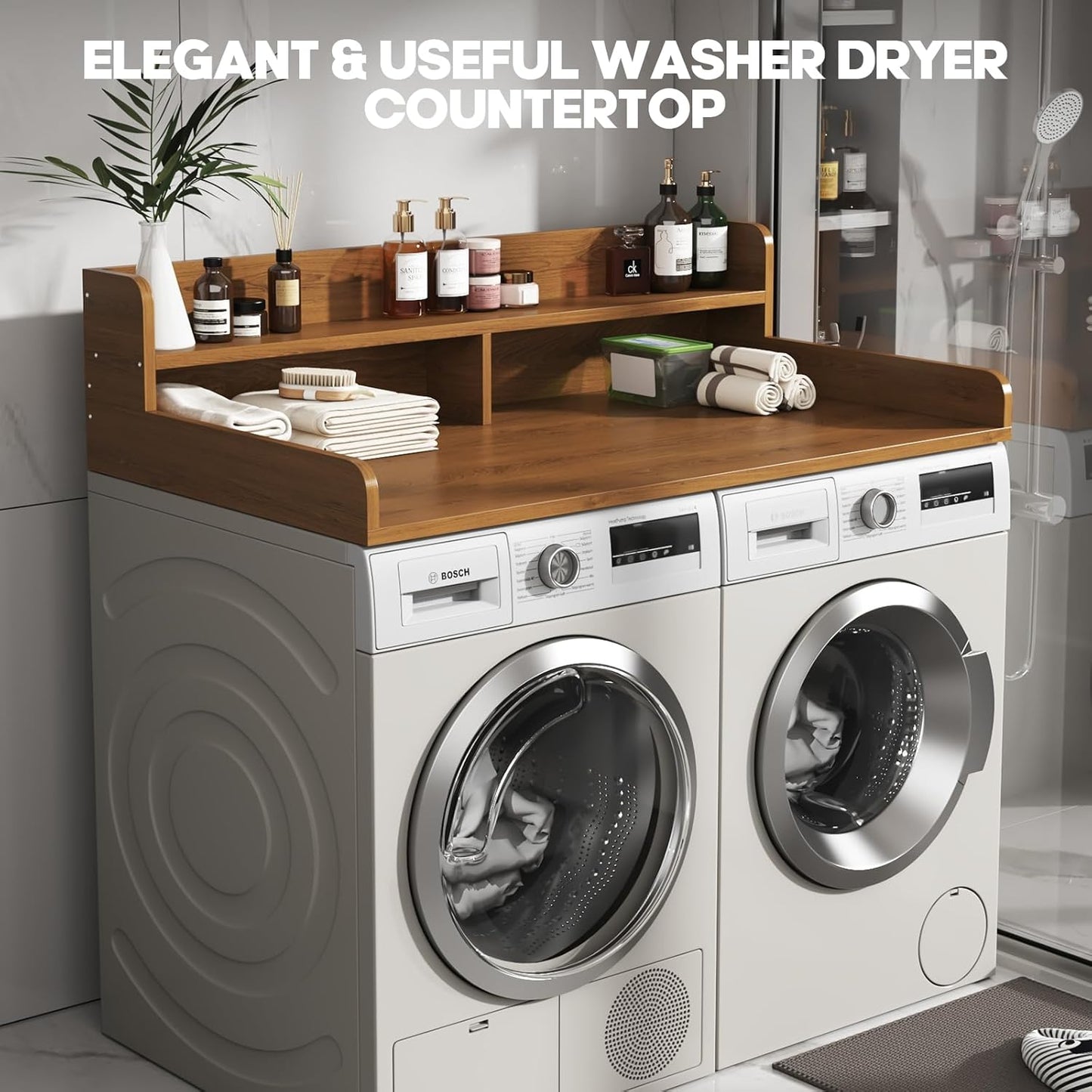 2-Tier Washer and Dryer Countertop with 2.75" H Guard,54" W x 27.5" D Laundry Countertop Cover with Non-Slip Pad,Large Space Laundry Topper for Folding Clothes Over Washer and Dryer-Brown