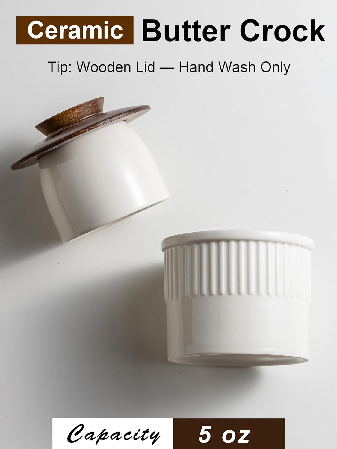 Ceramic Butter Crock, Butter Dish with Lid for Countertop, French Butter Keeper, Classic Stripe Pattern, White