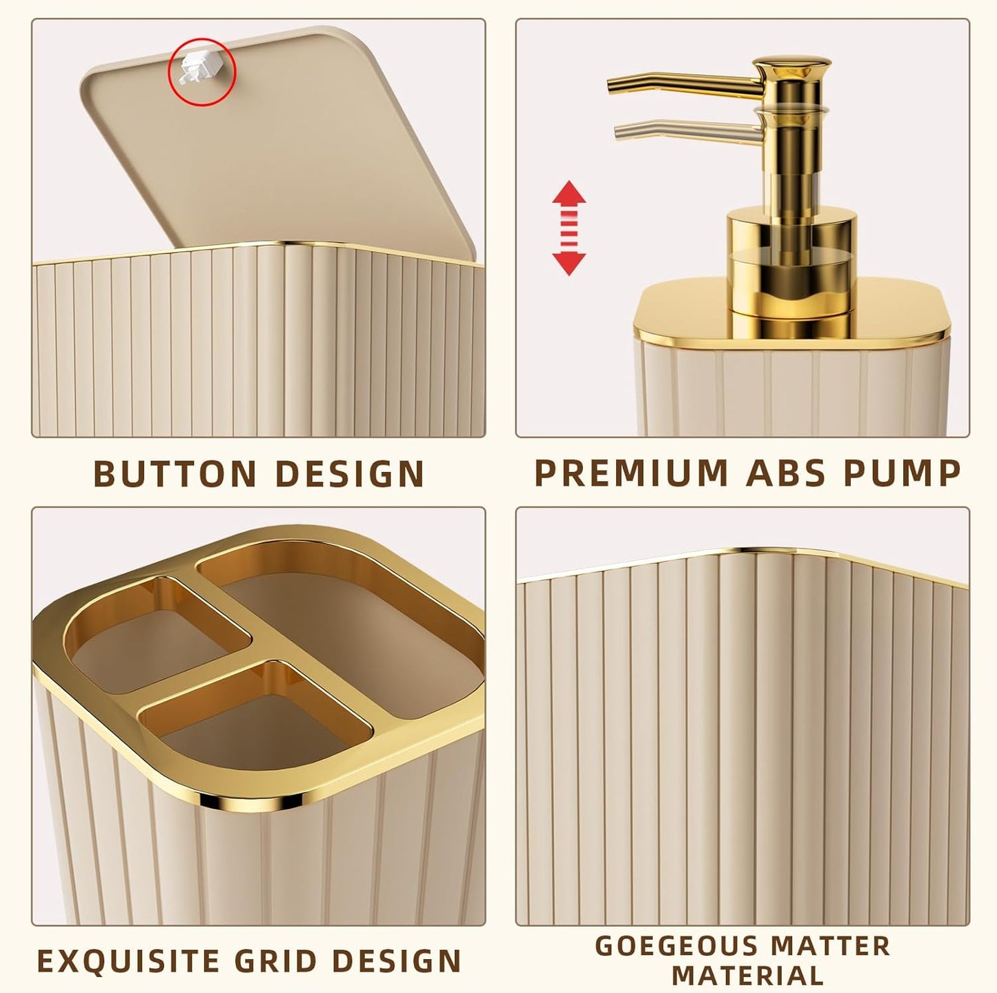 Bathroom Accessories Set - Gorgeous Bathroom Set, 10PC Beige Bathroom Accessory Set, Toilet Brush, Trash Can & Soap Dispenser