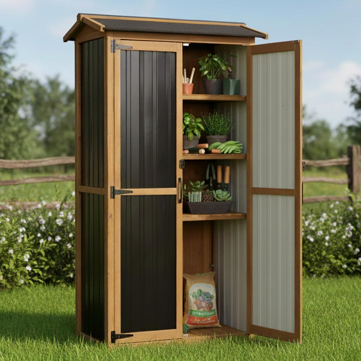 Outdoor Storage Cabinet, Wood & Metal Garden Cabinet with 3 Adjustable Shelf, Weather-Resistant Roof, Lockable Doors & Adjustable Feet for Patio, Garden, Farm (33" L x 21" W x 69" H)