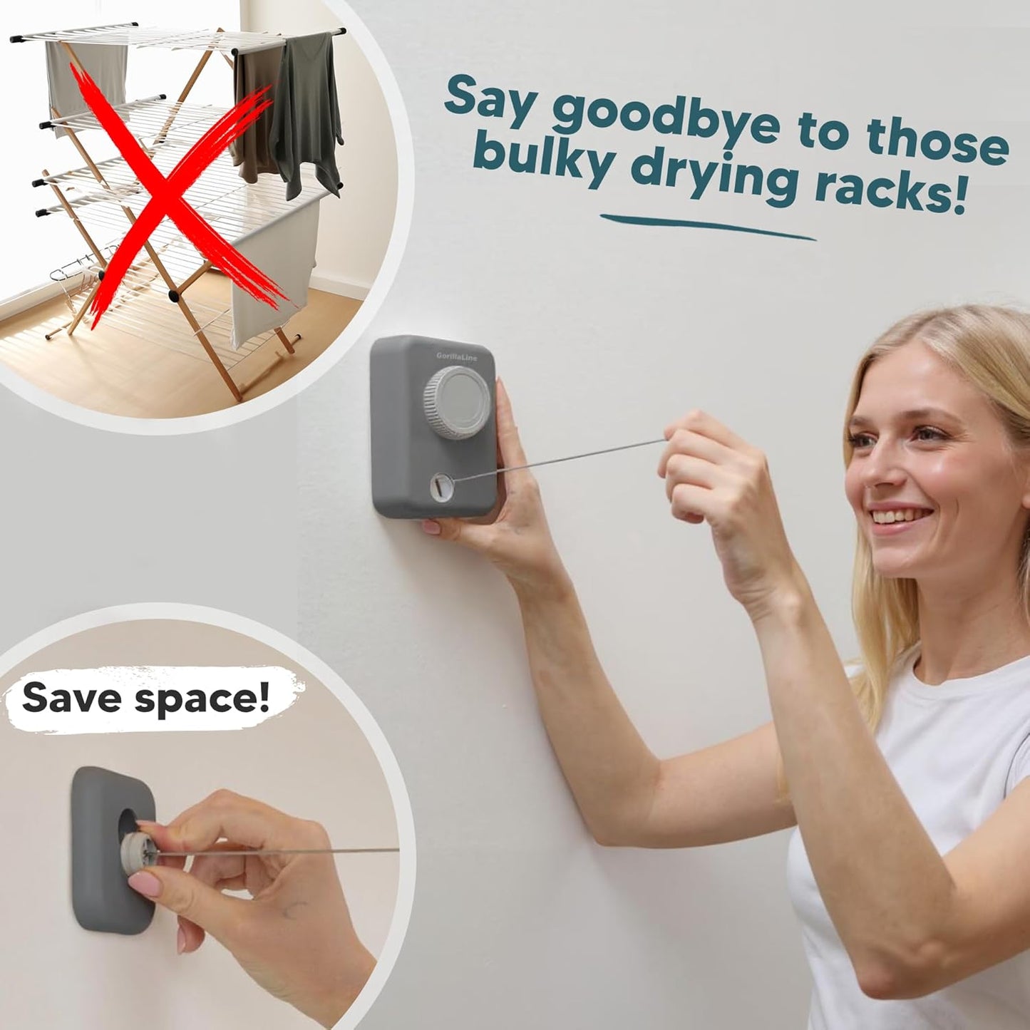 GorillaLine Max - Retractable Clothesline Indoor Outdoor Clothes Line - Heavy Duty Clothes Drying Laundry Line - Wall Mounted Drying Rack - Air Dry Clothing - Max Tighten with GorillaGrip