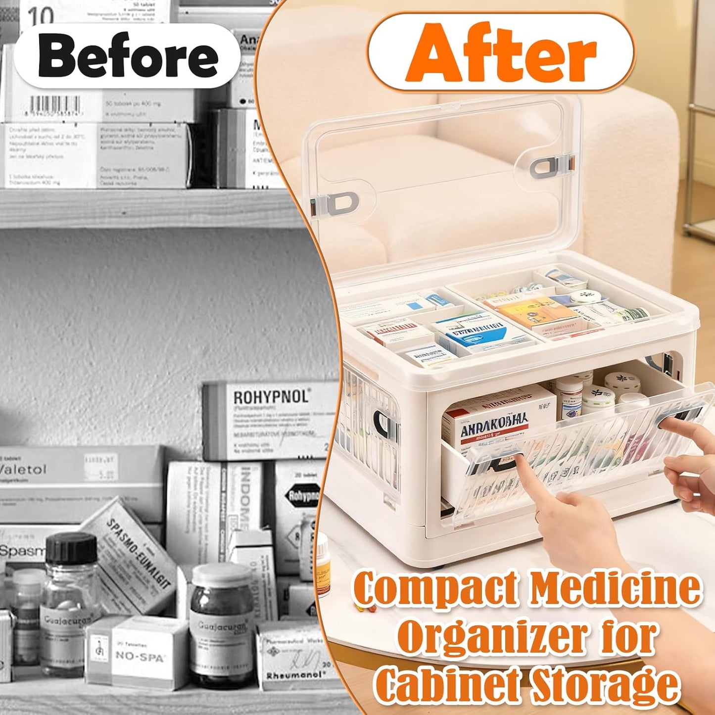 Medicine Organizer Box with Clear Window,Large Medicine Storage Container with Wheels for Bathroom Carbinet,First Aid Box Empty,House Essentials