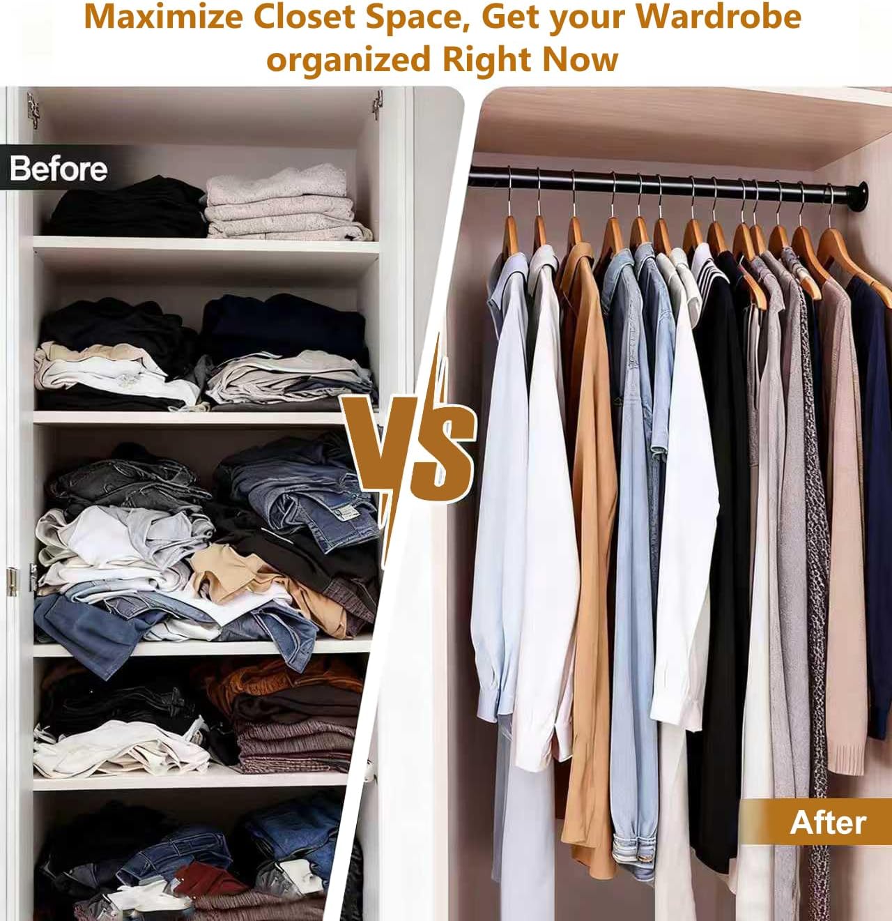 Closet Rods for Hanging Clothes, 16.5 to 46 Inches Adjustable Metal Closet Rod, Heavy Duty Clothes Hanging Rod for Closet Wardrobes Laundry