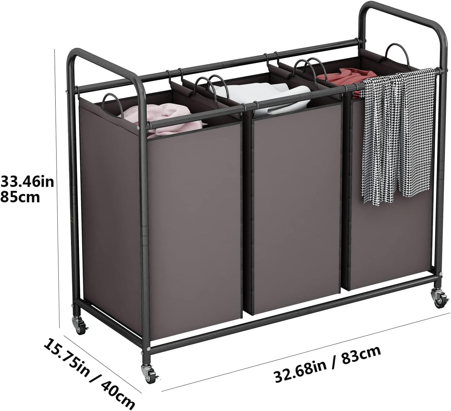 LINZINAR 3-Bag Laundry Sorter,Laundry Hamper Cart with Heavy Duty Rolling Lockable Wheels and Removable Bags (Brown)