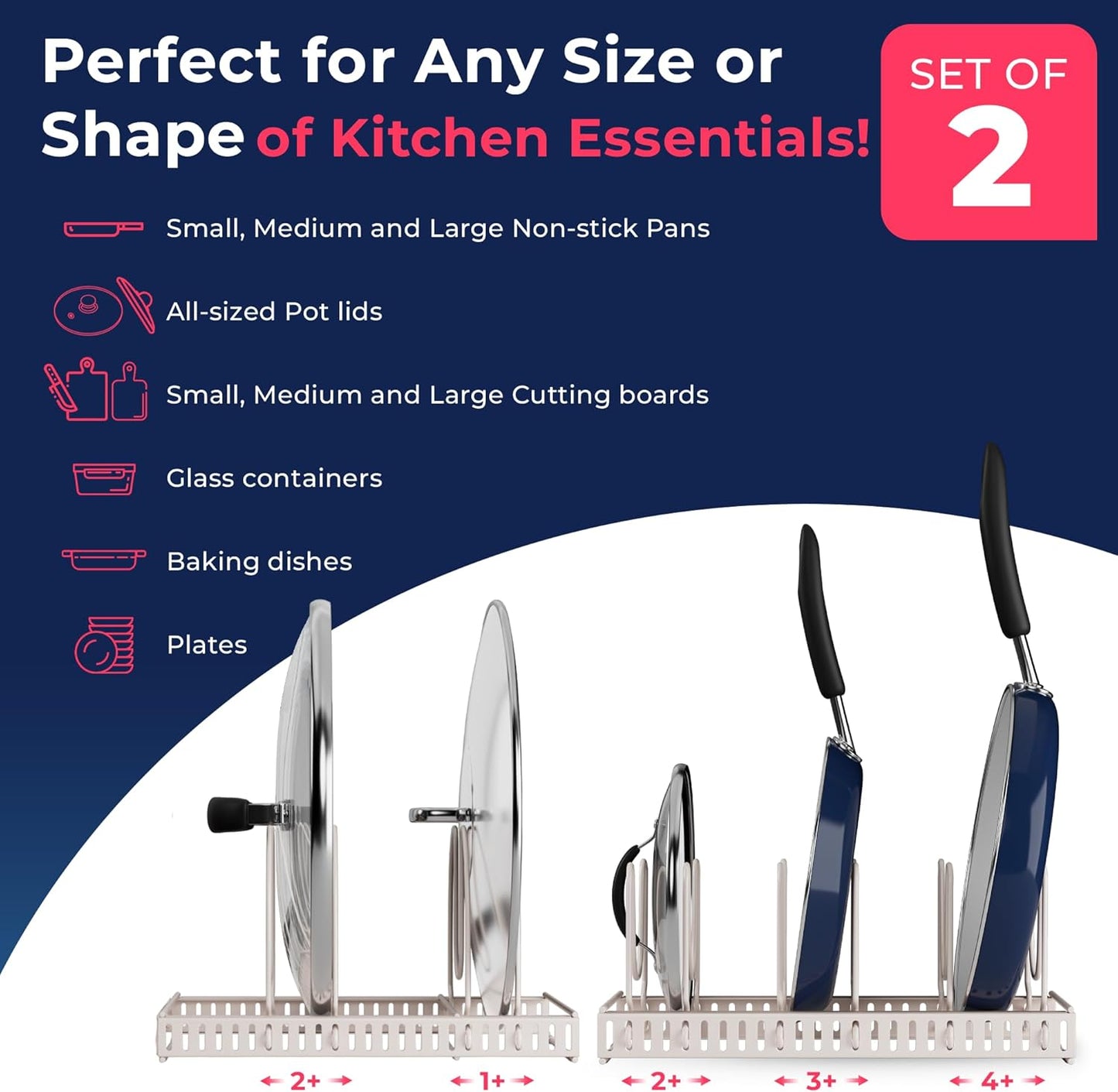Better Things Home 14+ Dual Pan and Pot Lid Organizer Rack Set for Cabinet - Includes 1 Large Rack & 1 Compact Rack for Bakeware, Lids & Pans (White Sand, PAN + LID SET)
