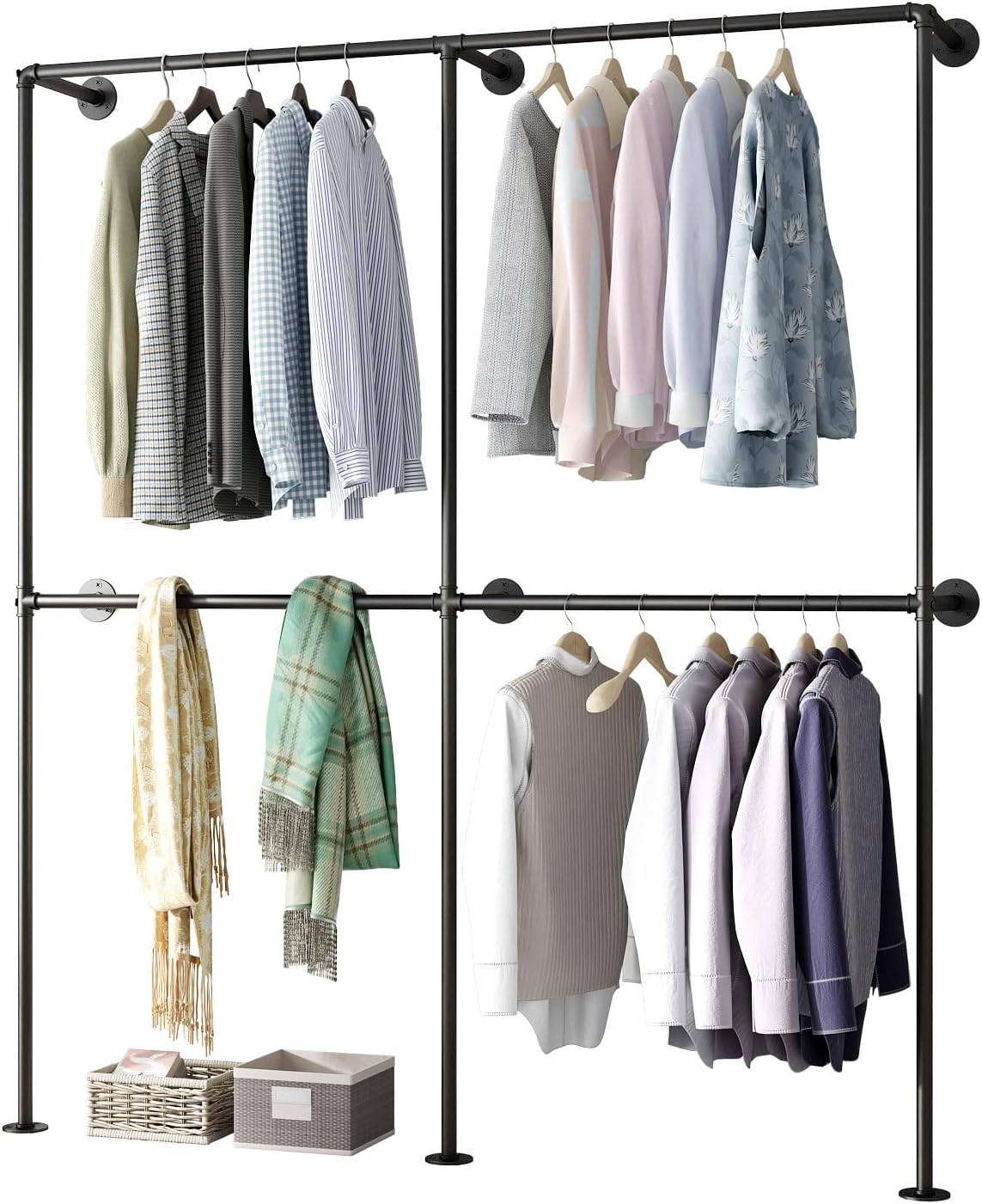 Industrial Pipe Clothing Rack Wall Mounted Garment Rack, Black Pipe Clothes Racks Retail Display Hanging Rod for Closet Storage, Laundry Room