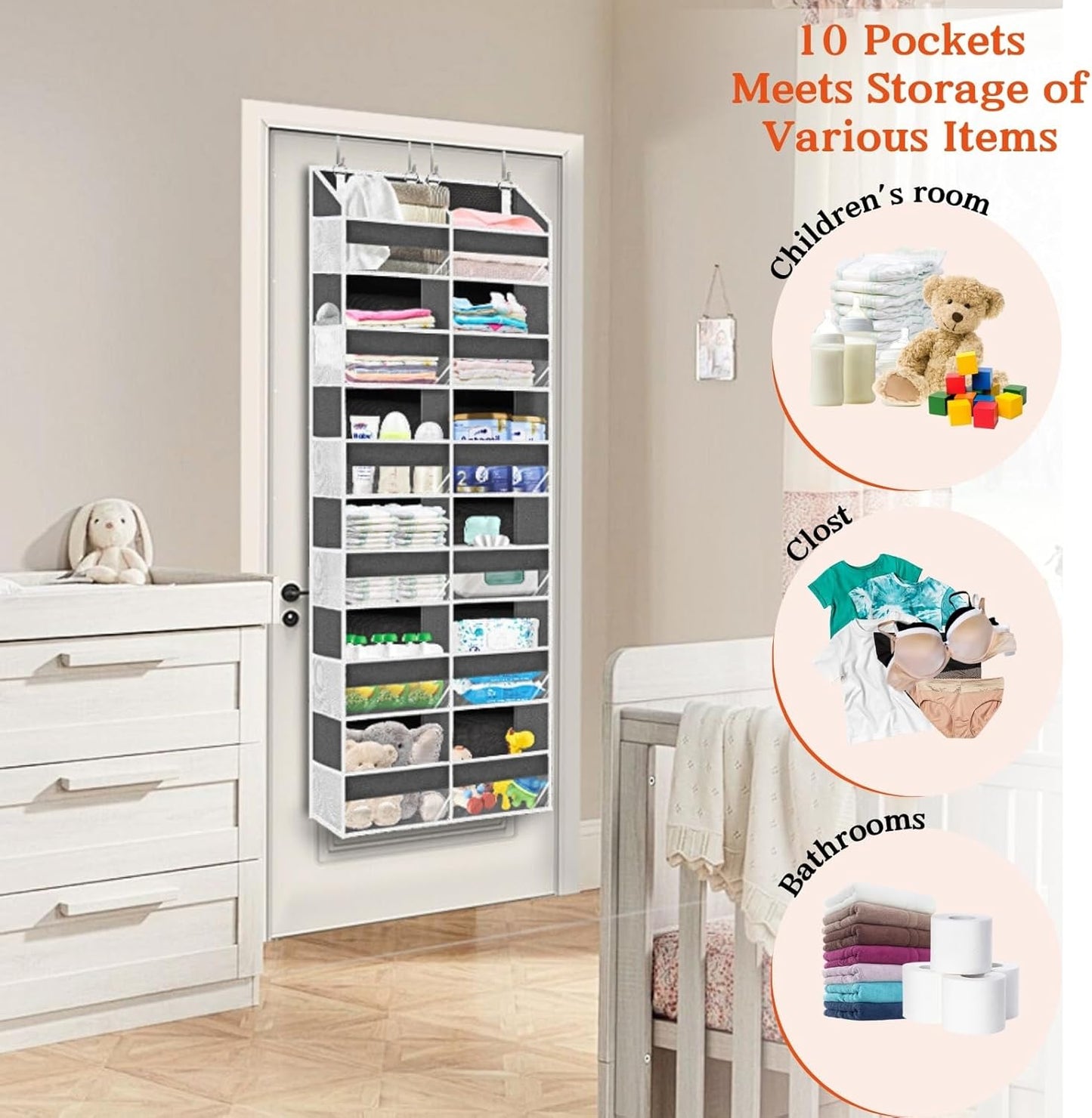 2 Pack Over The Door Organizer 6 Tiers, Extra Large Behind Door Storage of 12 Compartments, 80 lbs Weight Capacity Hanging Storage Organizer with Clear Window Kids Toys,Shoes (6 Tiers - Grey)