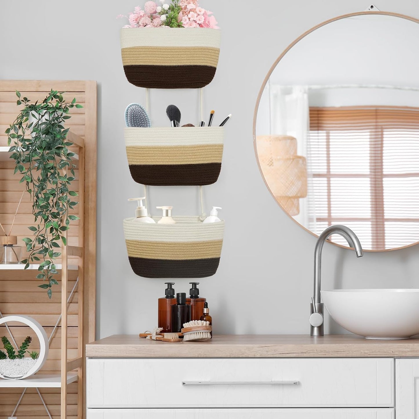 TeoKJ Over the Door Hanging Baskets, 3-Tier Woven Cotton Storage Organizer Bag Decorative Nursery Kitchen Baskets,Gradient Brown