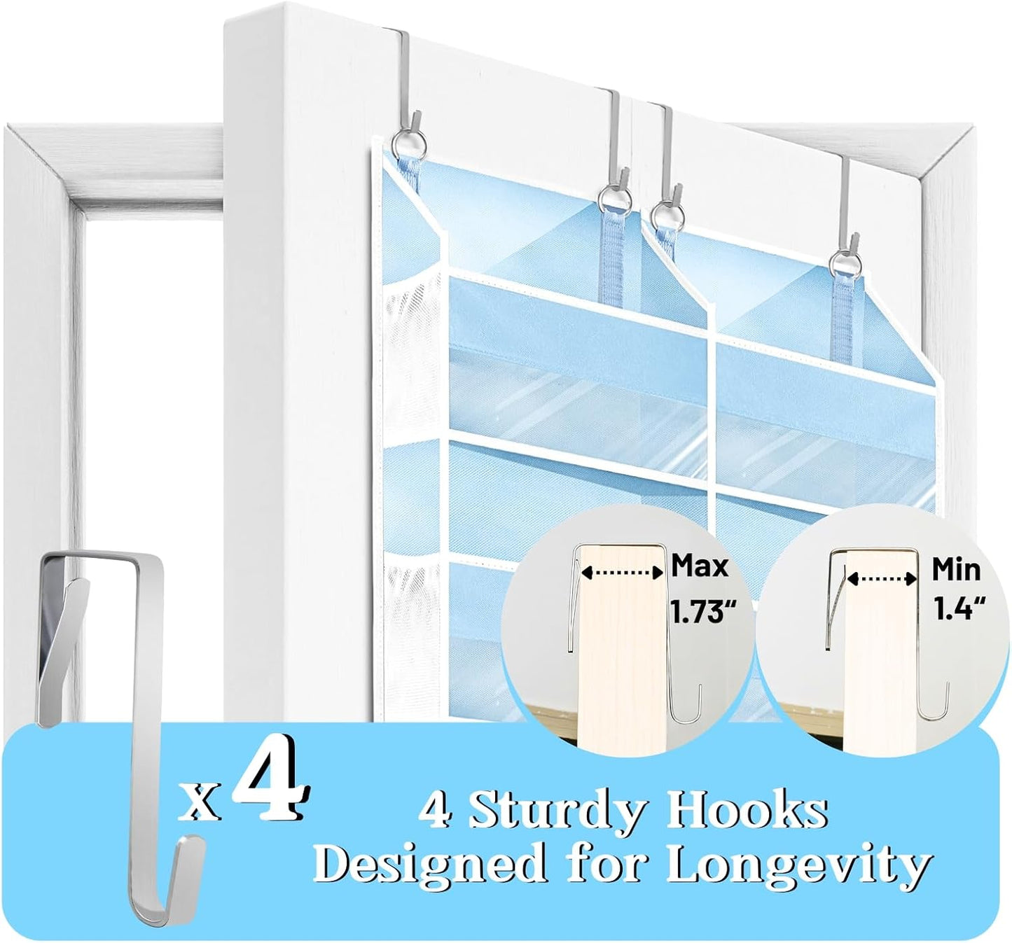 Blue Over the Door Organizer 5 Tiers, Extra Large Behind Door Storage of 10 Compartments, 80 lbs Weight Capacity Hanging Storage Organizer with Clear Window Kids Toys, Shoes, Diapers, Room storage