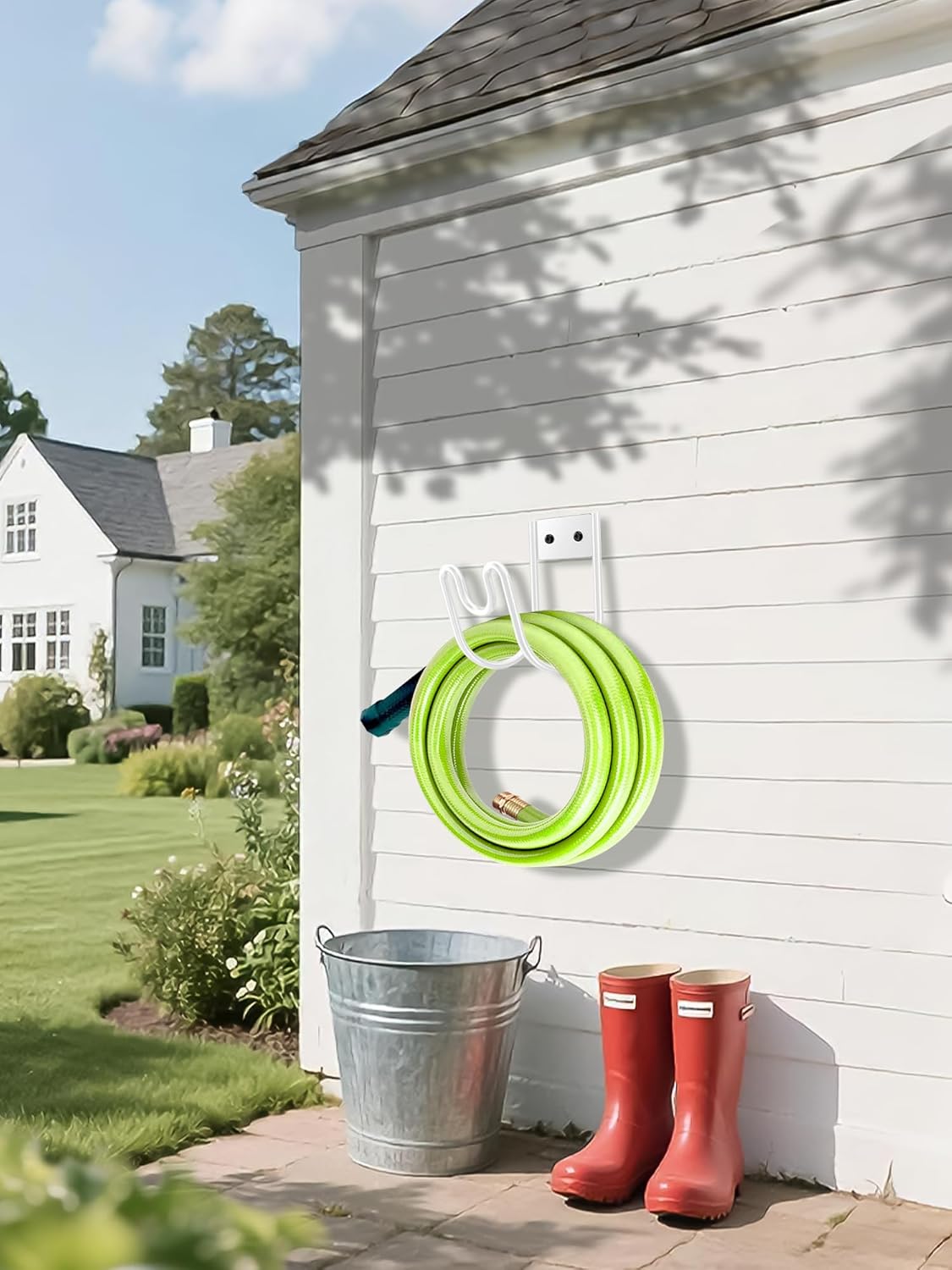 Metal Garden Hose Holder, Sturdy Wall Mounted Water Hose Hanger, Solid Hose Hook for Garden Garage Water Hose/Extension Cords/Vacuum Lines (White)