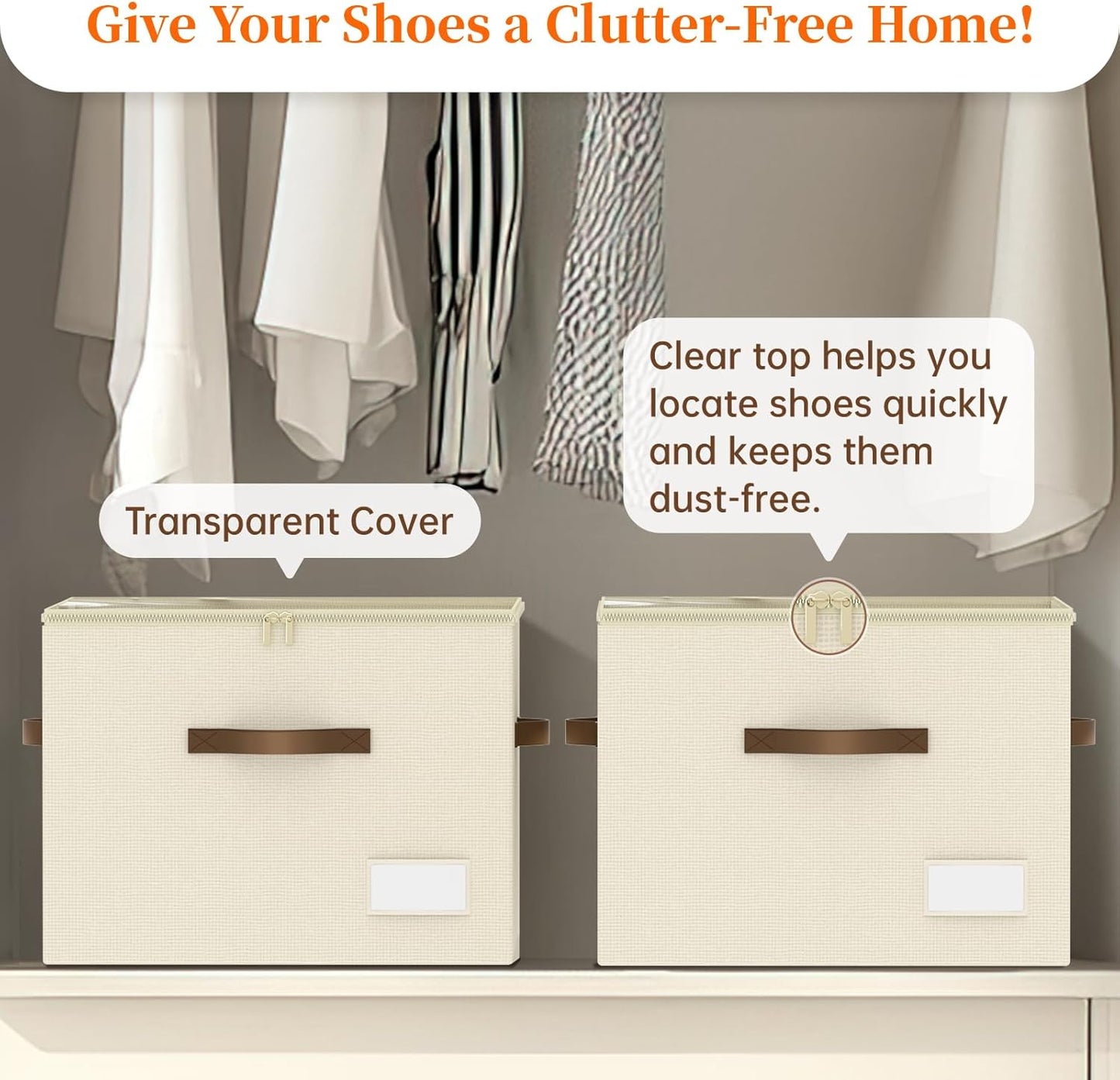 Shoe Organizer for Closet, 2 Pack Shoe Organizer with Clear Cover, Closet Shoe Storage Containers w/Adjustable Dividers, Foldable Storage Bins for Shoes, Fits 16-32 Pairs, Beige