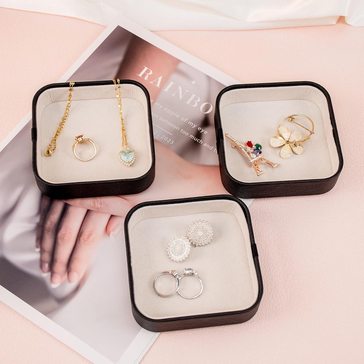SANQIANWAN Set of 3 Small Stackable Jewelry Organizer Trays Mini Jewelry Drawer Oragnizer Small Jewelry Display Tray for Necklace Bracelet Rings Earrings and Makeup (Black)
