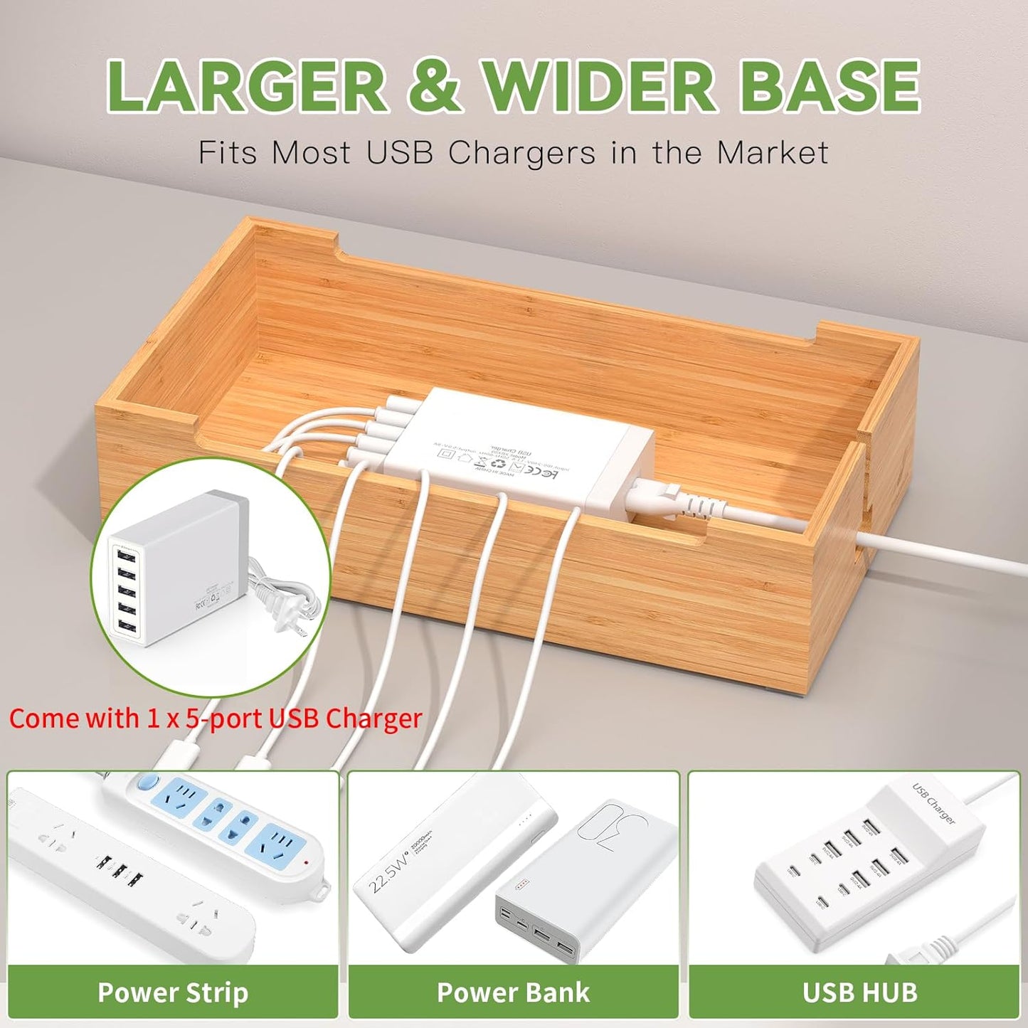 Pezin & Hulin Cell Phone Charging Station for Multi Devices, All in One Desktop Charger Organizer, with Power USB Charge Adapter and 6 Cables, Use As Power Strip Hidden Box -Natural Bamboo Color