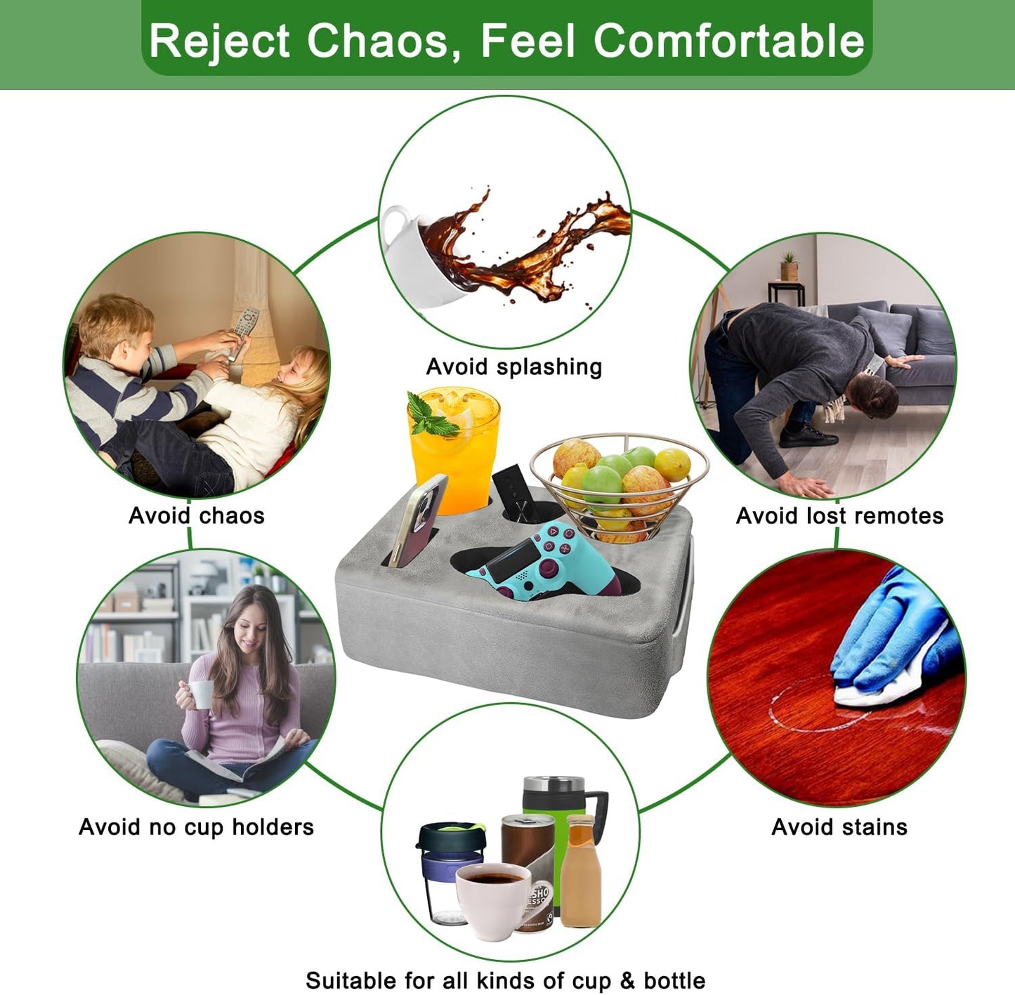 Couch Bed Cup Holder Pillow, Nisdoing 5 Hole Couch Drink Holder! Keep Drinks Hand Side and KeepTemp, Prevent Spills and Use Anywhere. Cup Holder for Couch, Bed,Camping,RV,Car,Beach. Gray