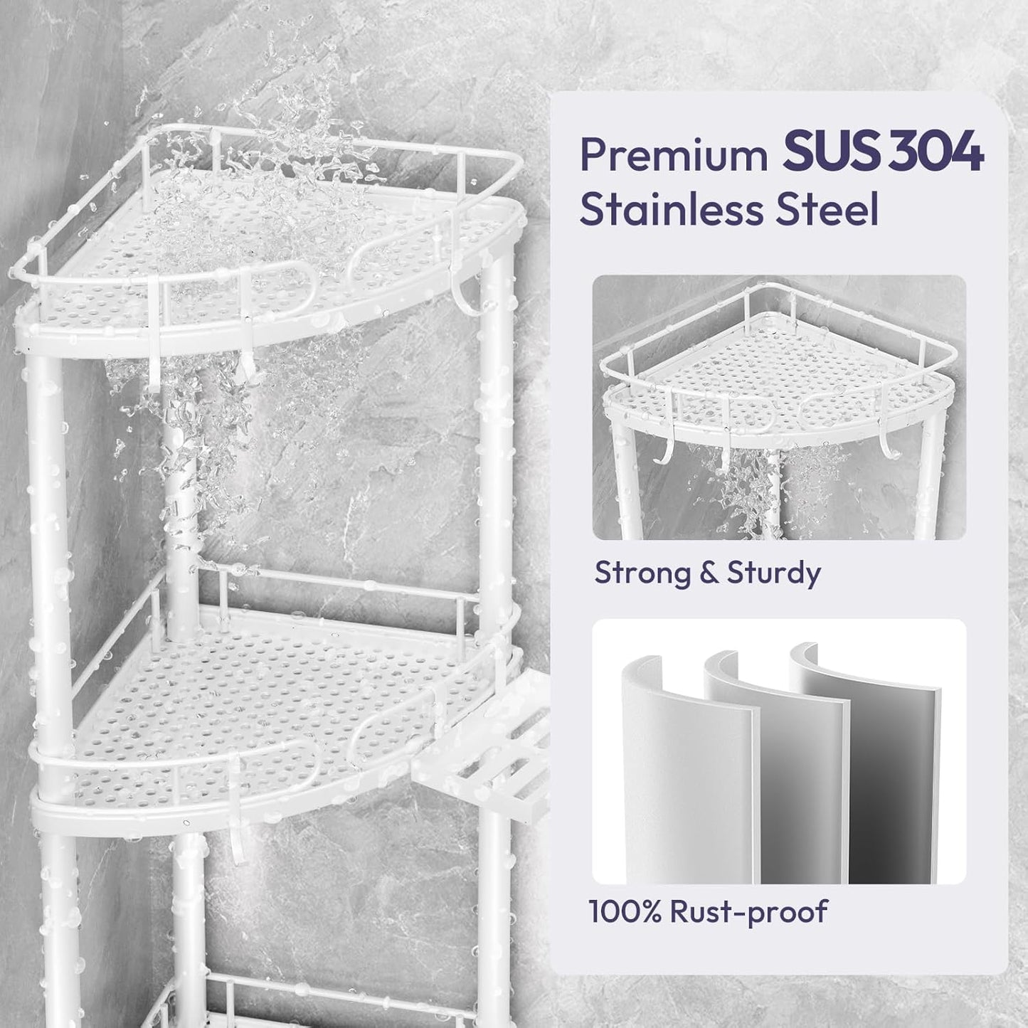 SWTYMIKI Corner Shower Caddy Standing - 4 Tier Stainless Steel Shower Organizer Stand with 4 Hooks & Soap Holder, Rustproof Metal Standing Tall Floor Shower Shelf and Bathroom Organizer, White