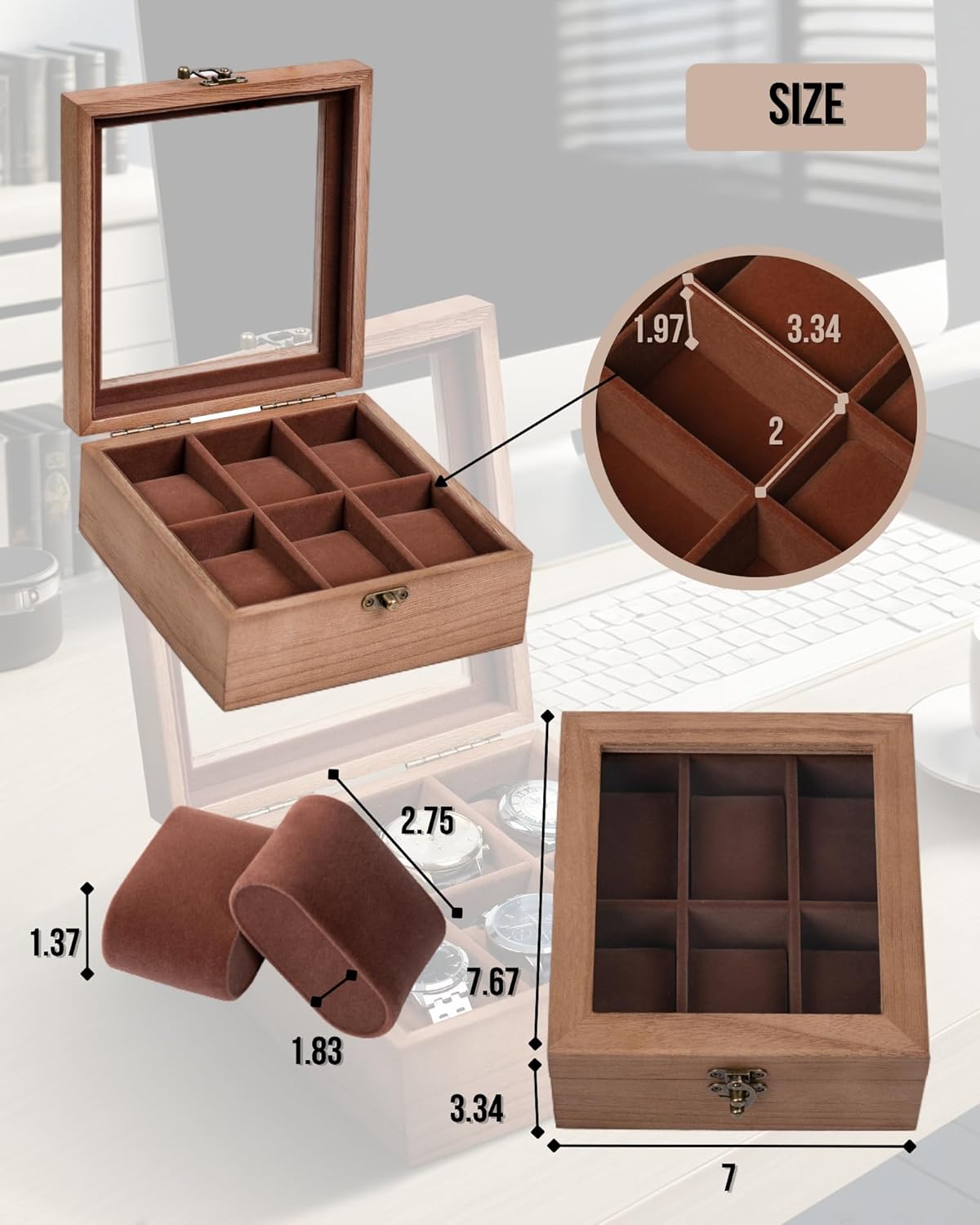 Watch Box, Watch Case for Men Women with Large Glass Lid, Wooden Watch Display Storage Box with 6 - Slots, Retro Burlywood 6x2 Mens Watch Box Organizer
