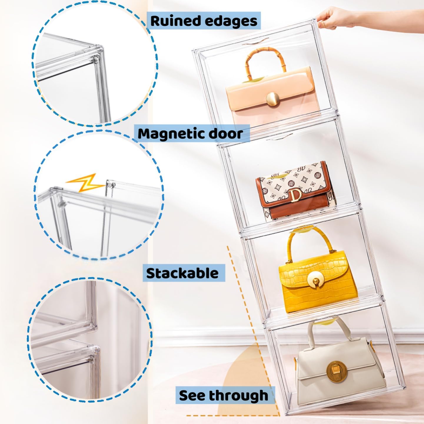 Attelite Clear Purse Organizer for Closet, Plastic Handbag Storage Organizer 4 Pack Clear Acrylic Display Case with Magnetic Door for Wallet, Book, Cosmetic, Clutch Organization