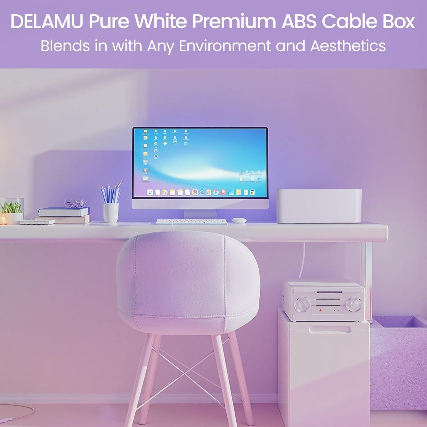 Delamu 2 Pack Cable Management Box, Stylish Cable Organizers for Cords, Pet & Child-Proof ABS Cord Hider Box, Medium and Small Cable Box for Computer Router Box Hider USB Hub, Floor Cord Covers, White