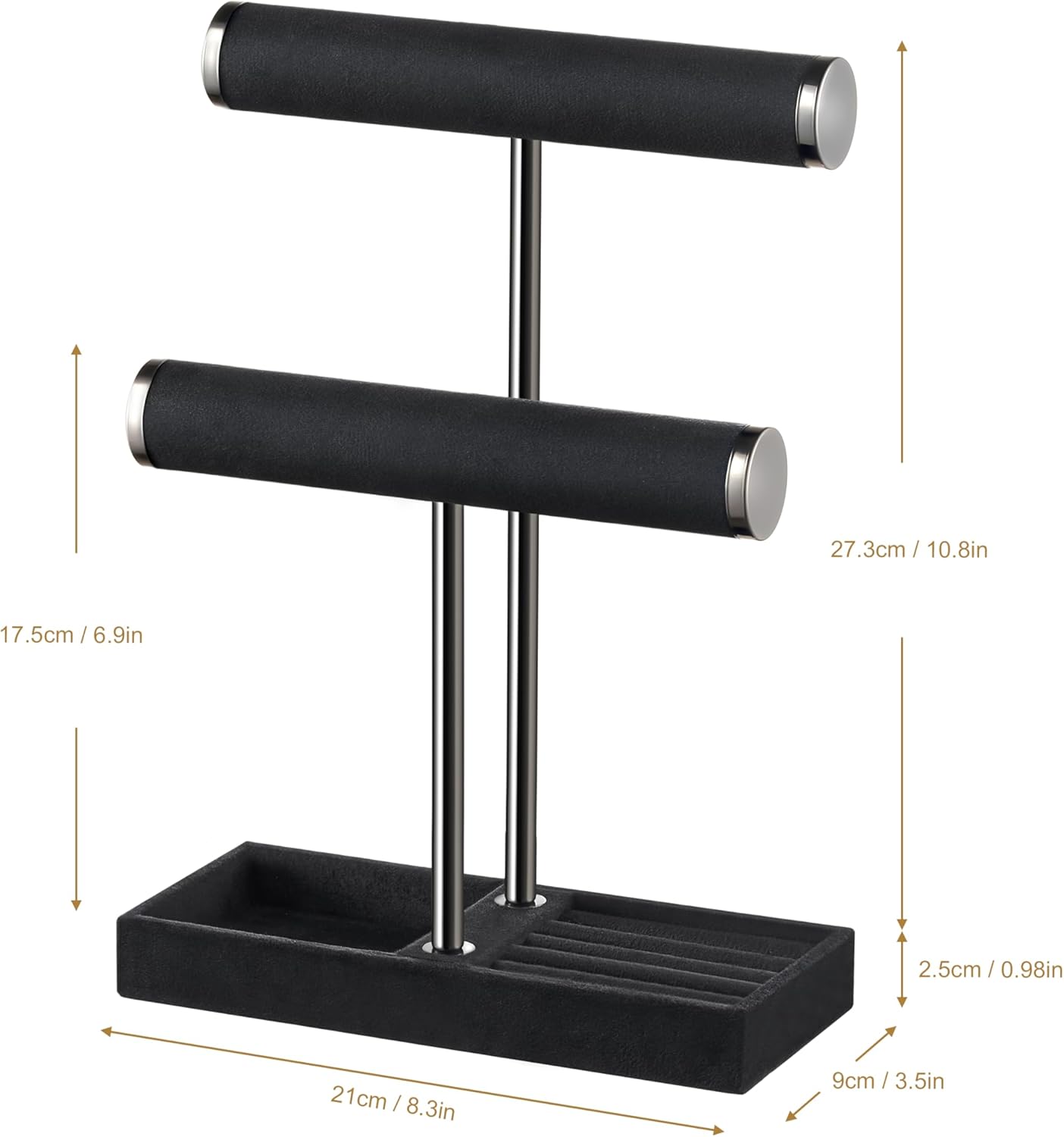 2 Tier Bracelet Holder Display - Detachable T Bar Black Velvet Bracelet Holder, Jewelry Holder Organizer for Bracelet, Necklace, Earrings, Rings
