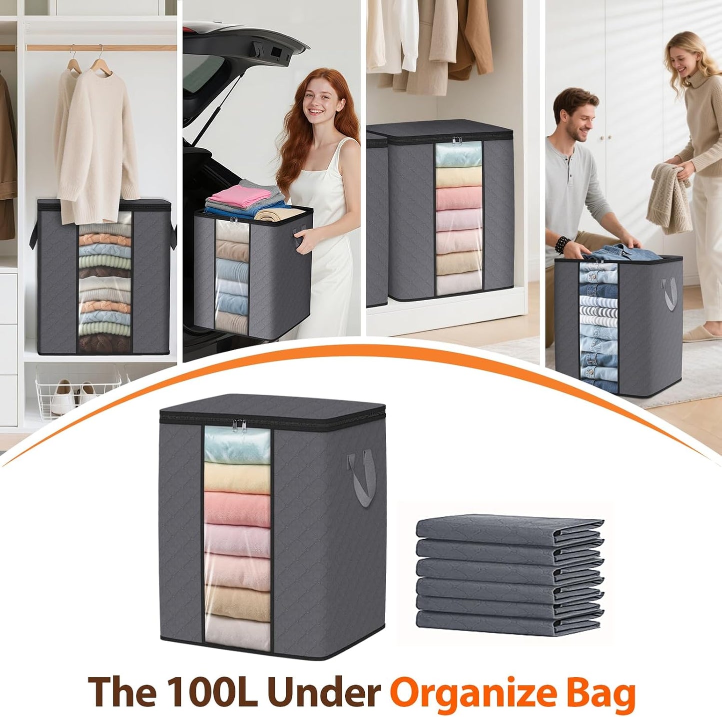 SpaceWhisper 6 Pack 100L Clothes Storage, Foldable Thick Fabric Blanket Storage Bags, Containers for Organizing Bedroom, Closet, Clothing, Comforter,Closet Organization with Handle,Grey