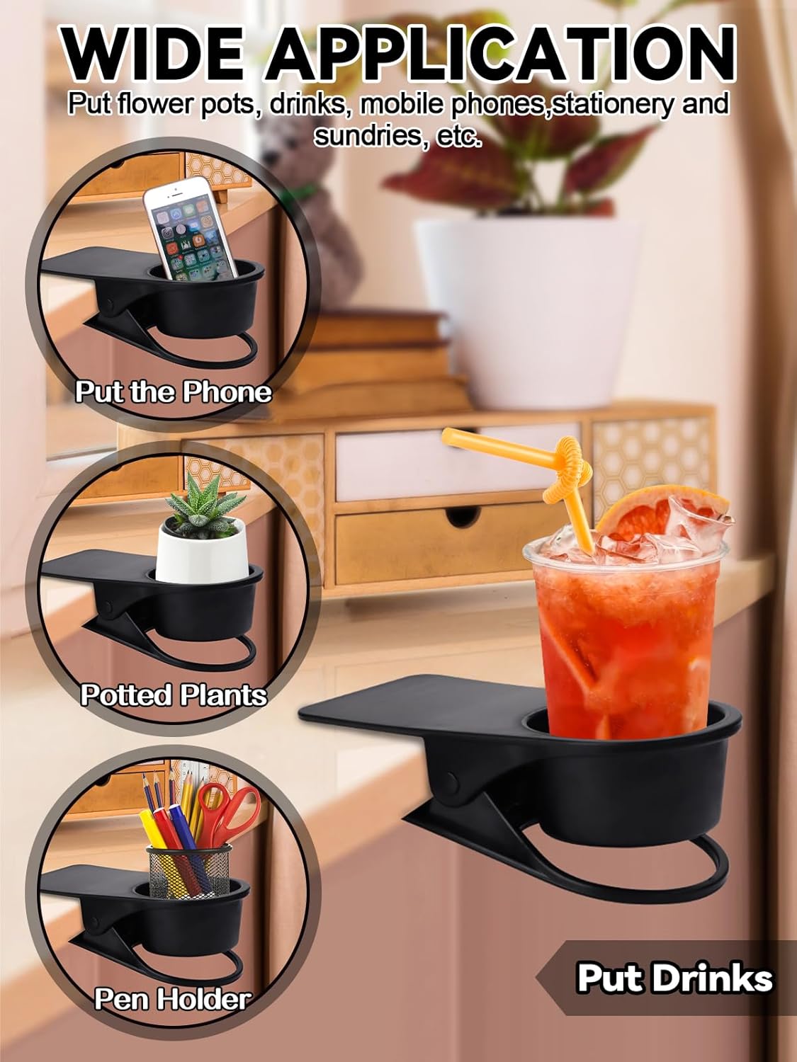 3PCS Drinking Cup Holder Clip, Kalolary Chair Desk Bottle Cup Stand DIY Glass Clamp Storage Saucer Clip for Potted Plant Beverage Soda Coffee Mug Holder Clip for Home & Office (Black)