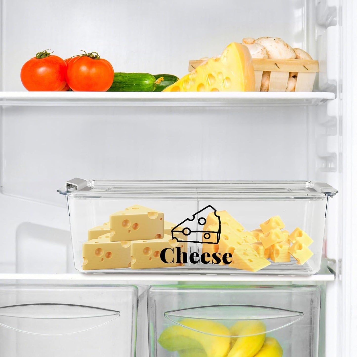 Cheese Container Airtight with Draining Basket Cream Block Cheese Sliced Cheeses Box with Lid for Fridge Shredded Saver 2 Compartment Deli Meat Storage Box,Cheeses Sliced,Grated,Cheddar Keeper