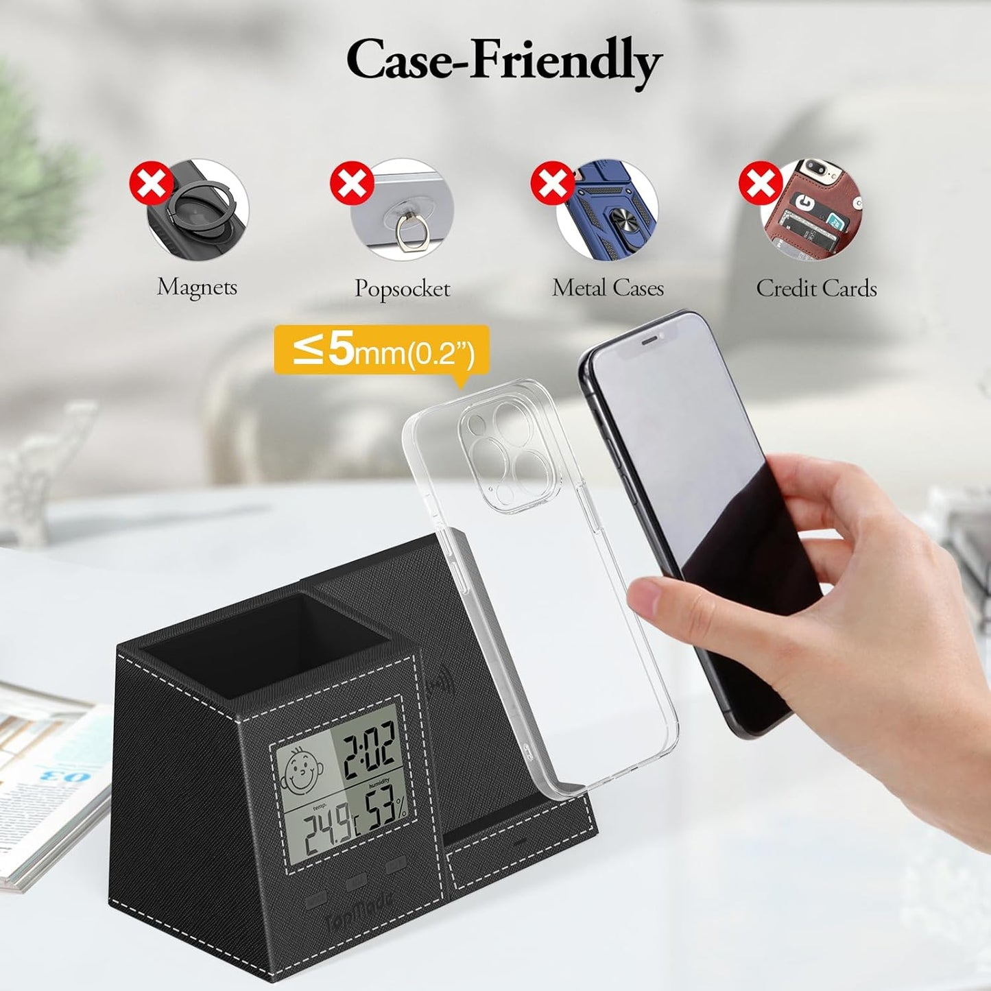TopMade Wireless Charger with Pen Holder, Leather Desk Nightstand Organizer Home Office Supplies Pencil Holder Fast Charging Station, Digital Thermometer and Humidity Gauge Gifts for Men(Black)