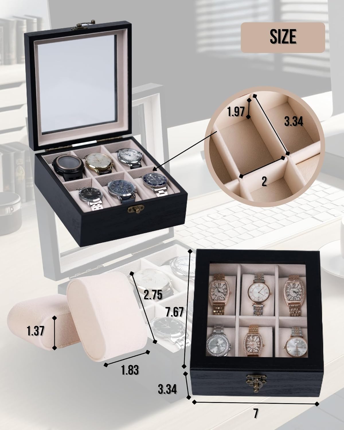 Watch Box, Watch Case for Men Women with Large Glass Lid, Wooden Watch Display Storage Box with 6 - Slots, Charcoal Black 6x2 Mens Watch Box Organizer