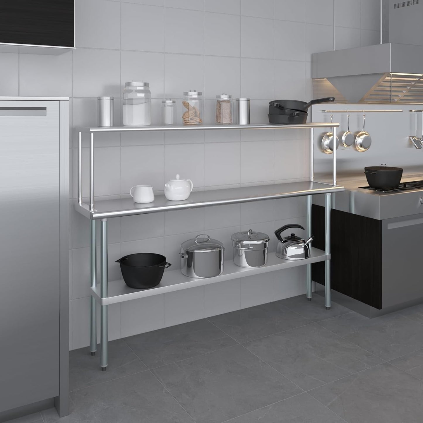 Stainless Steel Work Table with Wide Single Tier Overshelf | Metal Kitchen Prep Table & Shelving Combo (14" x 72" Work Table + 12" Overshelf)