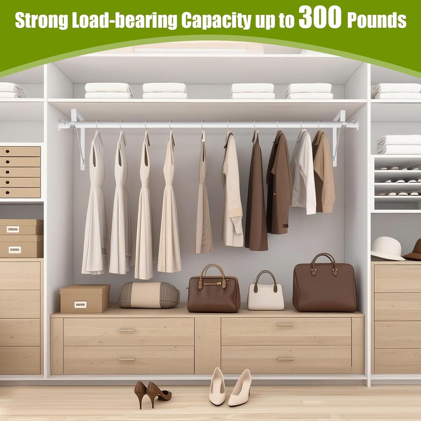 Closet Rod, 16 to 75 Inch Clothes Rods Heavy Duty Adjustable Clothes Rods for Hanging Clothes and Heavy Duty Clothes Rod Bracket Closet Rod Support (White)