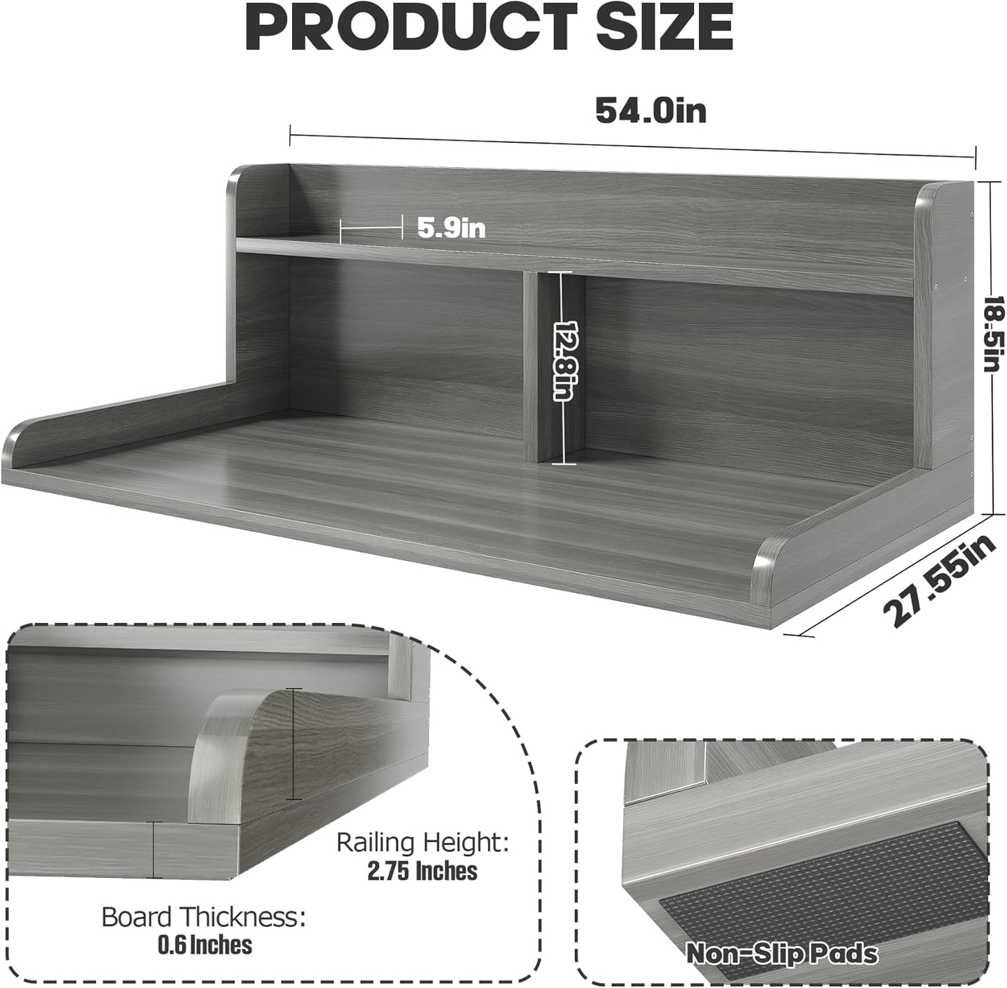 2-Tier Washer Dryer Countertop, 18.5" Raised Height Laundry Countertop with Edge Rails and Non-Slip Pad, 54"W x 27.55"D Washer and Dryer Topper for Laundry Room Storage Organization (Stripe Gray)