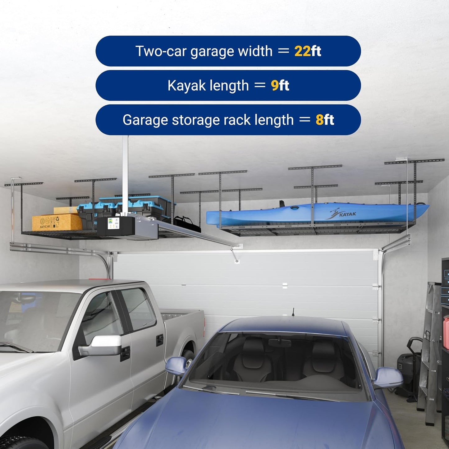 FLEXIMOUNTS 4x8 Overhead Garage Storage Rack, Adjustable Organization System, Heavy-Duty Metal Ceiling Racks, 750lbs Weight Capacity, Hammertone, Classic Series