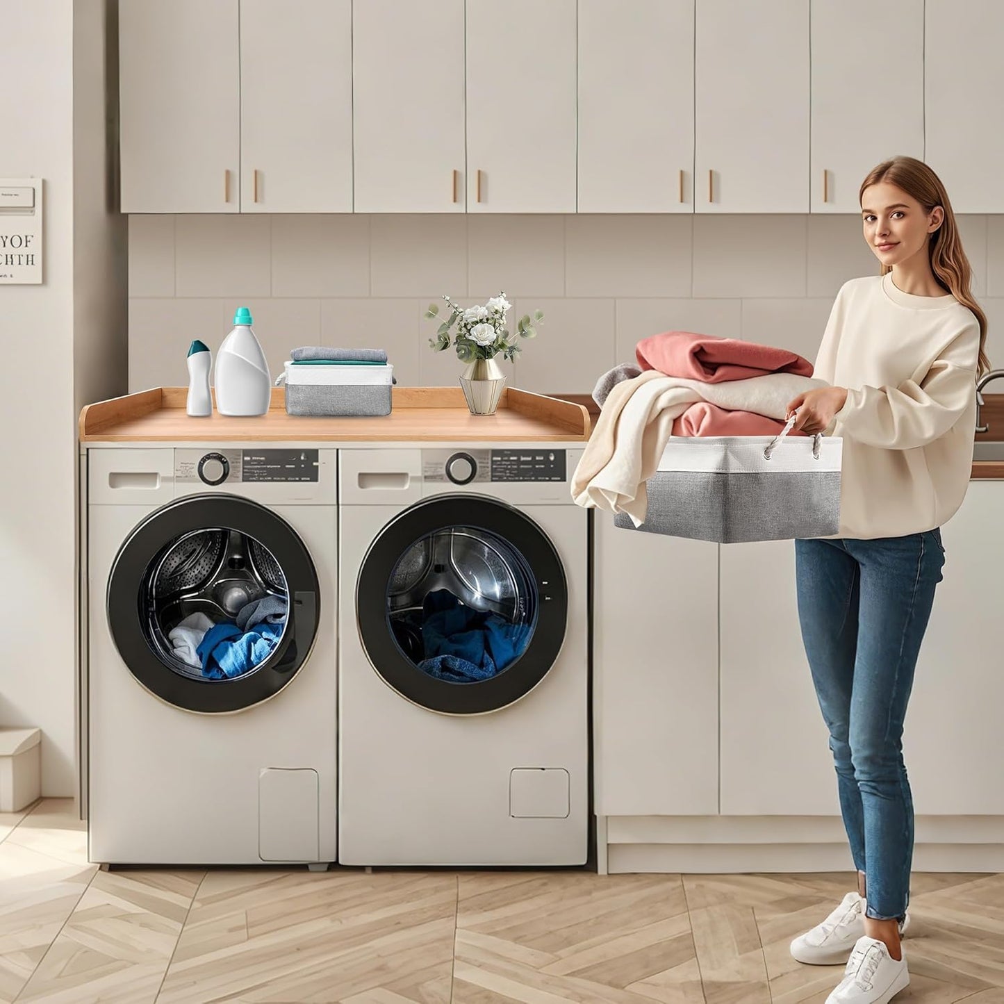 Washer Dryer Countertop with 2 Pack Storage Baskets, Wood Washer and Dryer Countertop with Non-Slip Pads/Edge Rails for Laundry Room Storage and Organization, 27.5" W x 54" L(Dark Woodcolor)